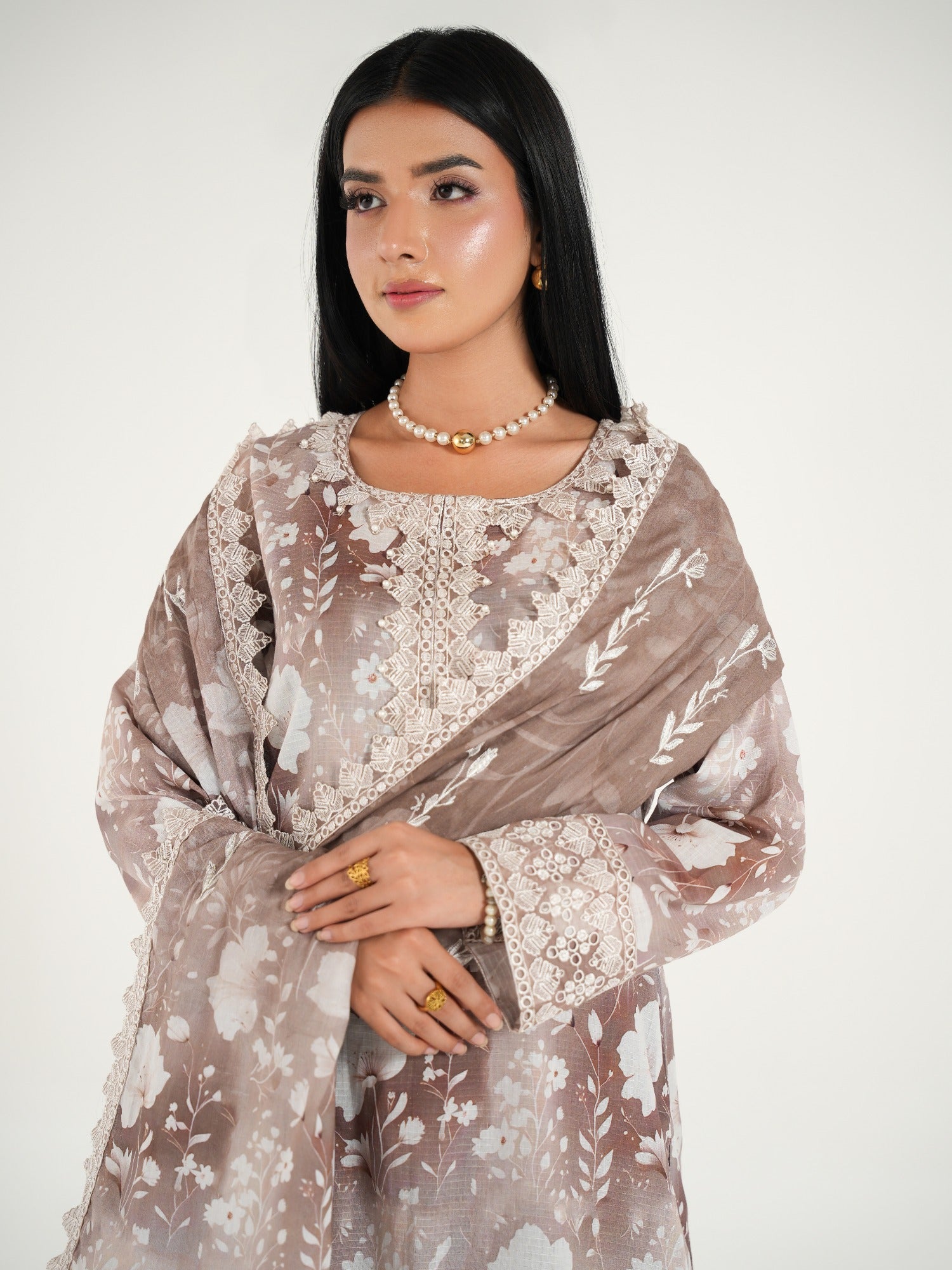 Taupe-Arshman's Lawn Embroidered Stitched 3-Piece Suit-ARS-045 Khaki Noor