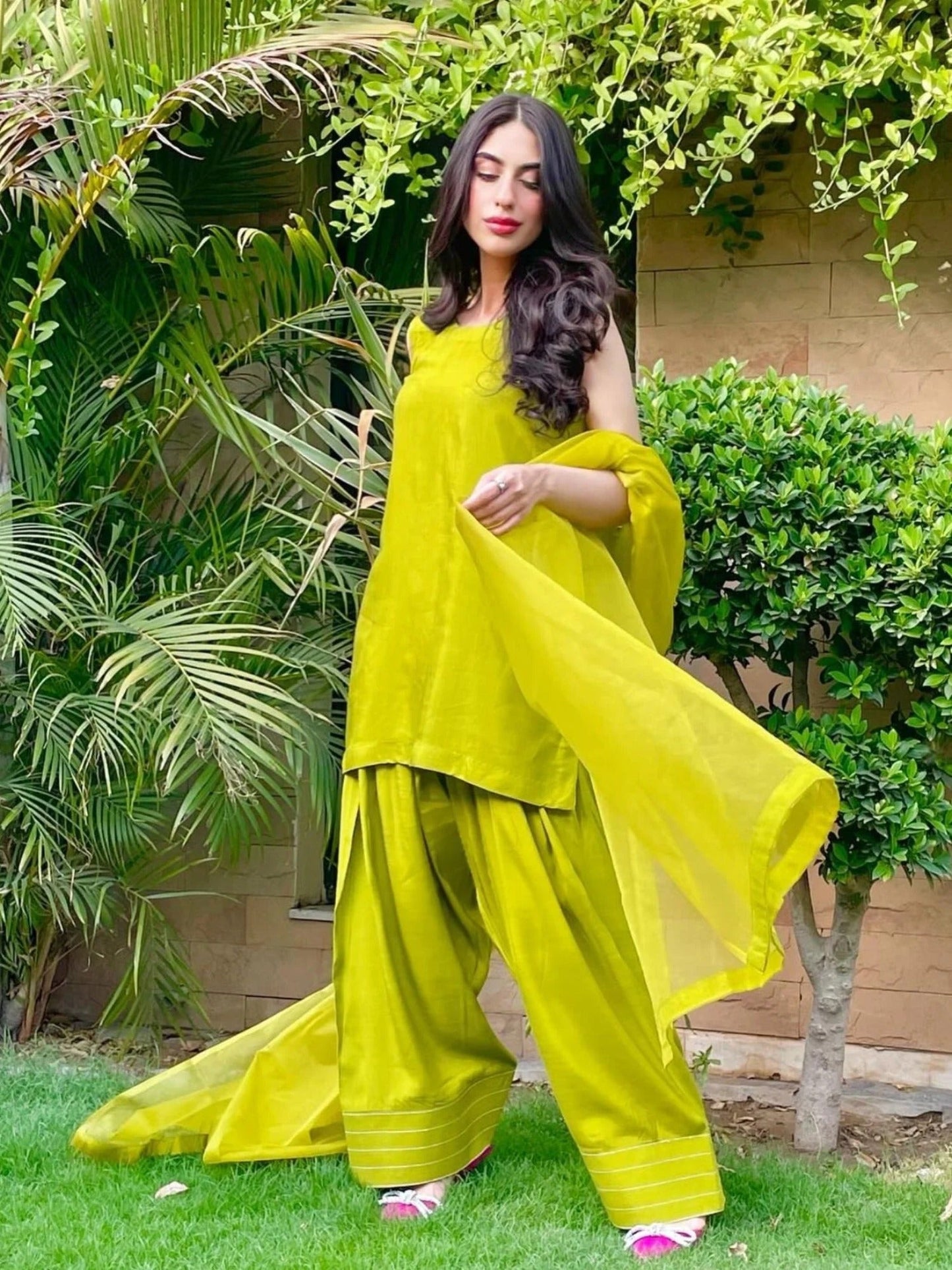 Manahil Arts Raw Silk Stitched 3-Piece Suit-Parrot Green Farshi Shalwar