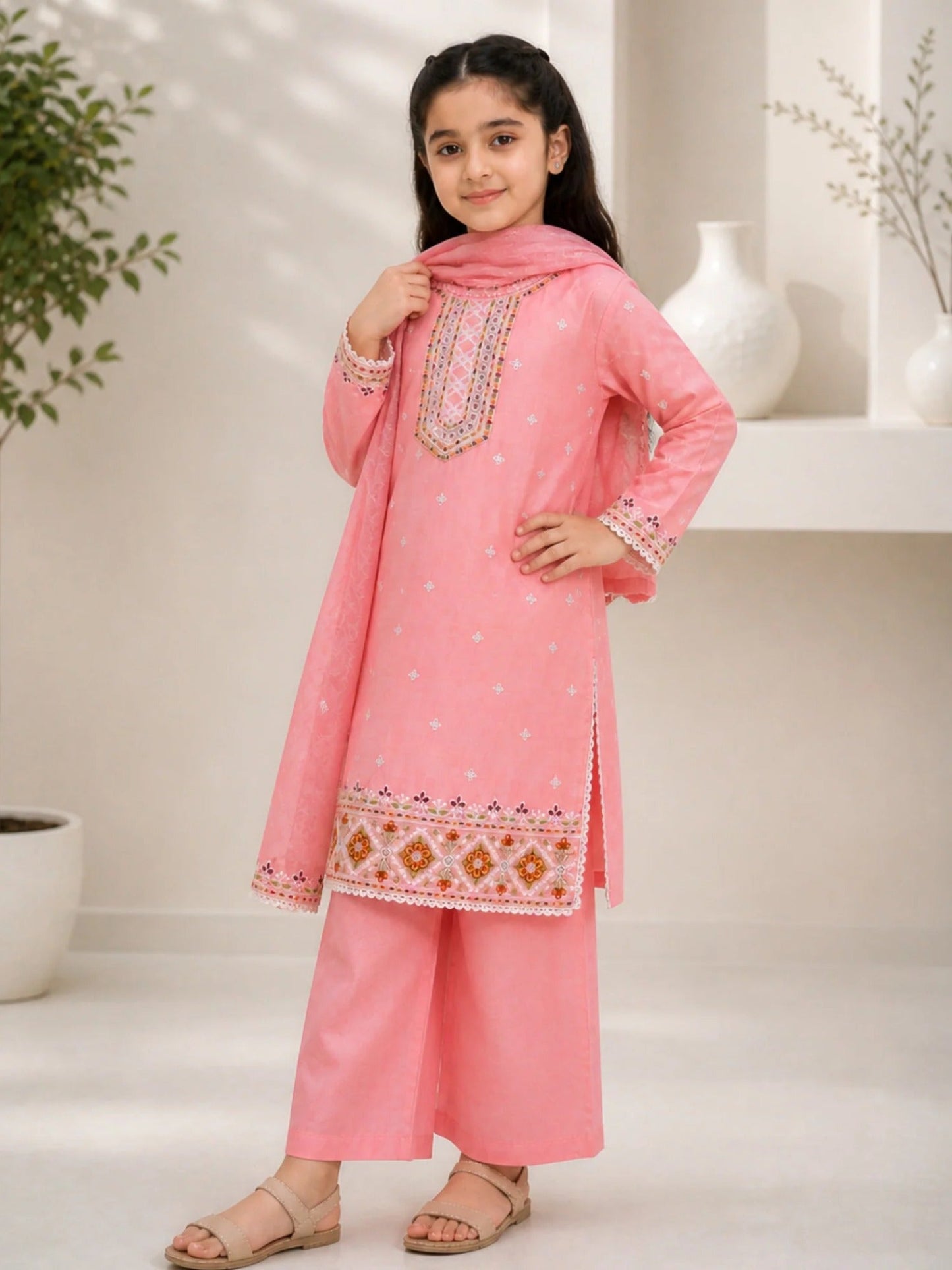 Pink Lumira Cotton Embroidered Stitched 3-Piece Suit-Rosy Bloom Kids