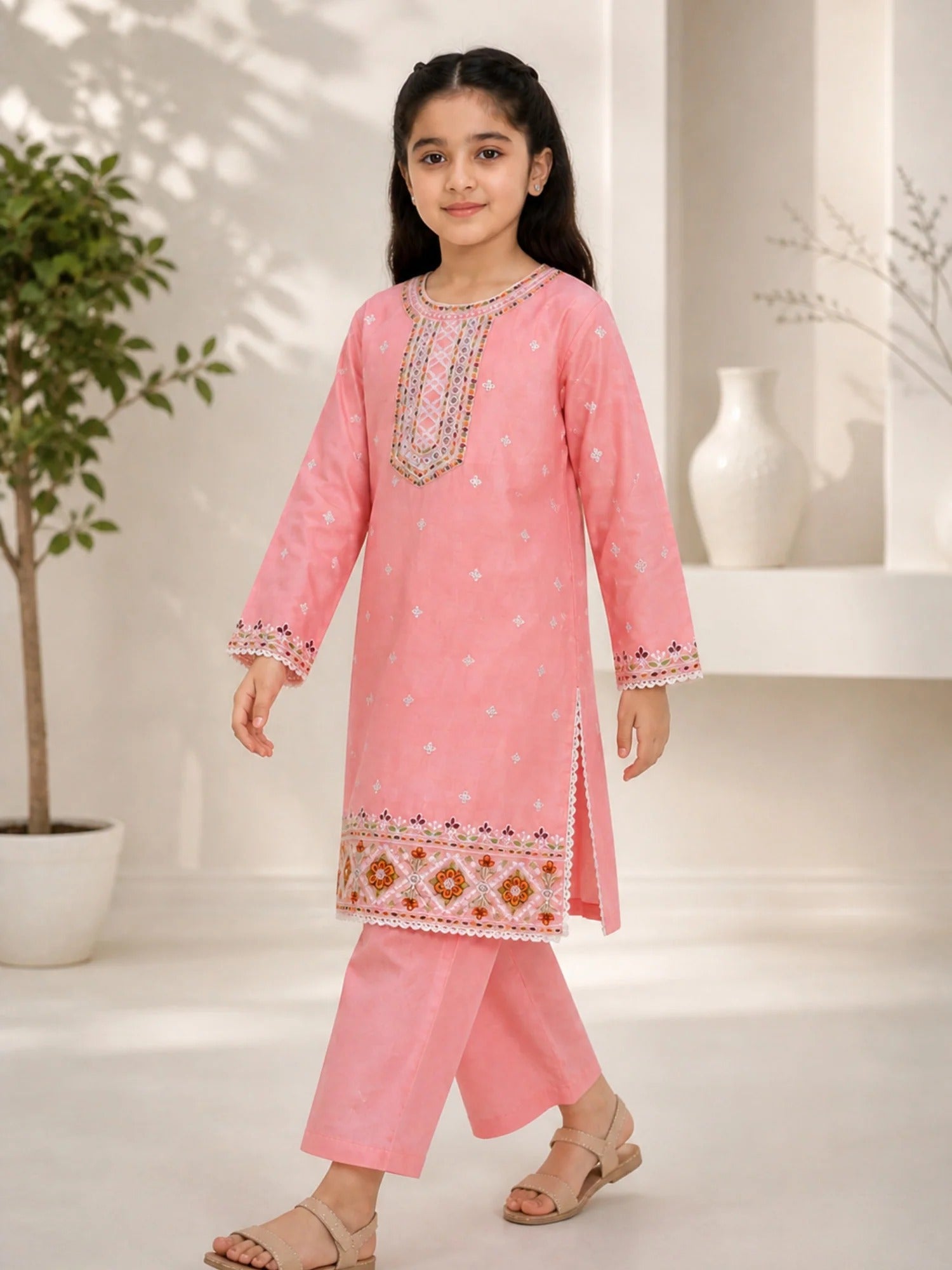Pink Lumira Cotton Embroidered Stitched 3-Piece Suit-Rosy Bloom Kids
