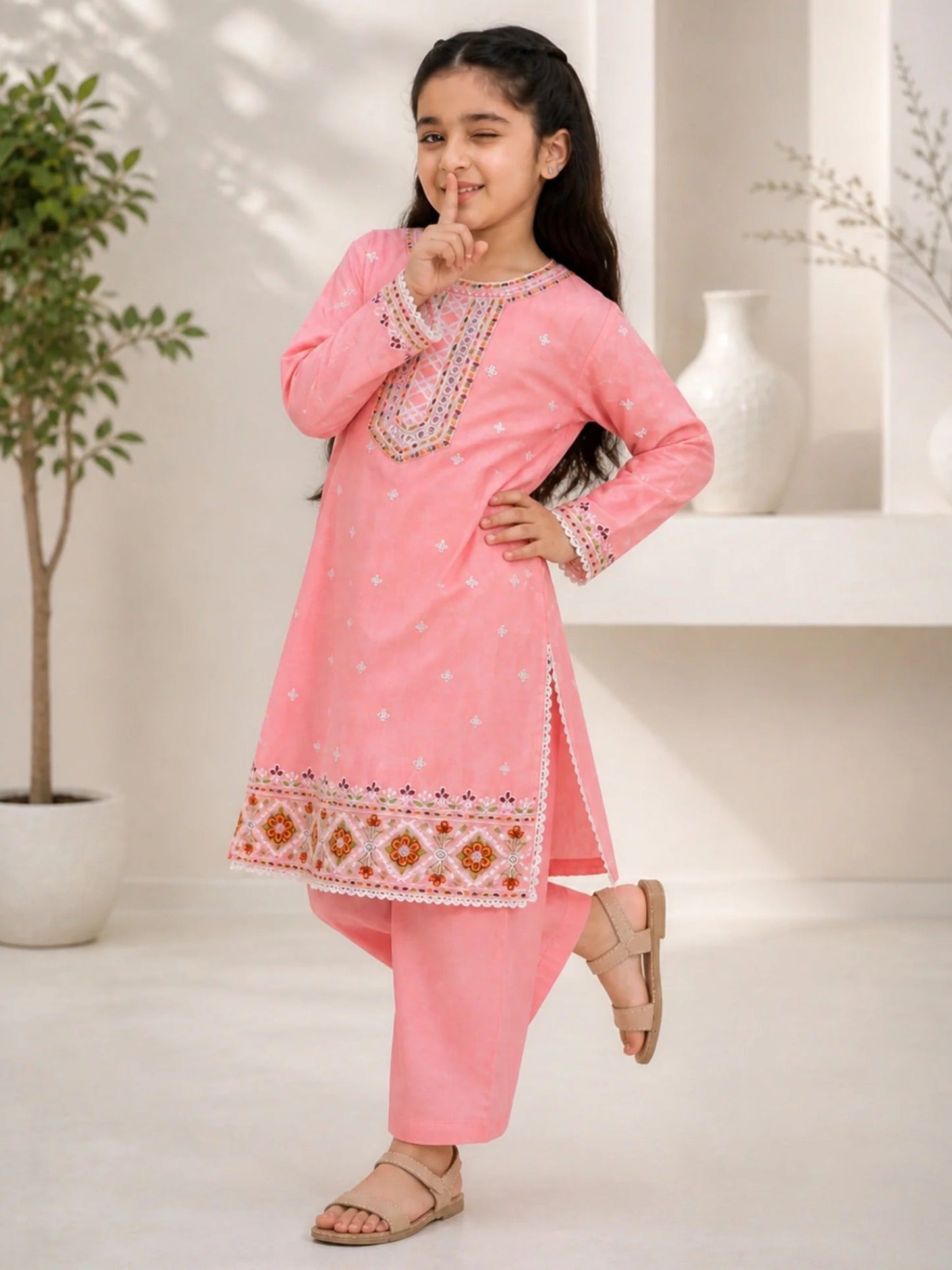 Pink Lumira Cotton Embroidered Stitched 3-Piece Suit-Rosy Bloom Kids