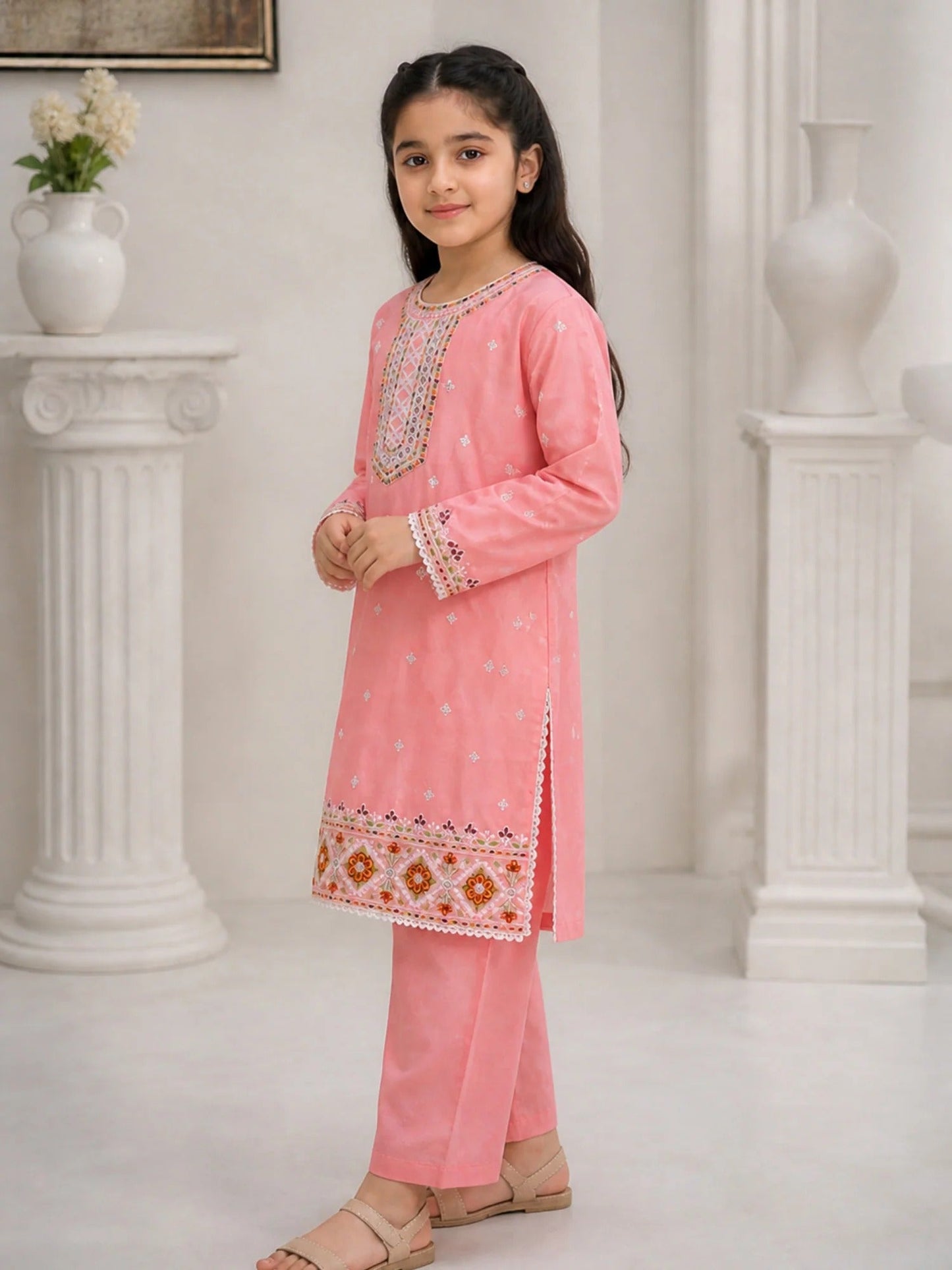 Pink Lumira Cotton Embroidered Stitched 3-Piece Suit-Rosy Bloom Kids