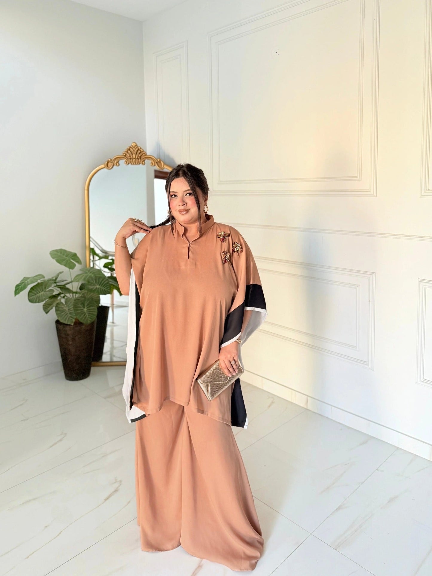 Brown Manahil Arts Crepe Georgette Co-Ord Set-Camel Brown drape set