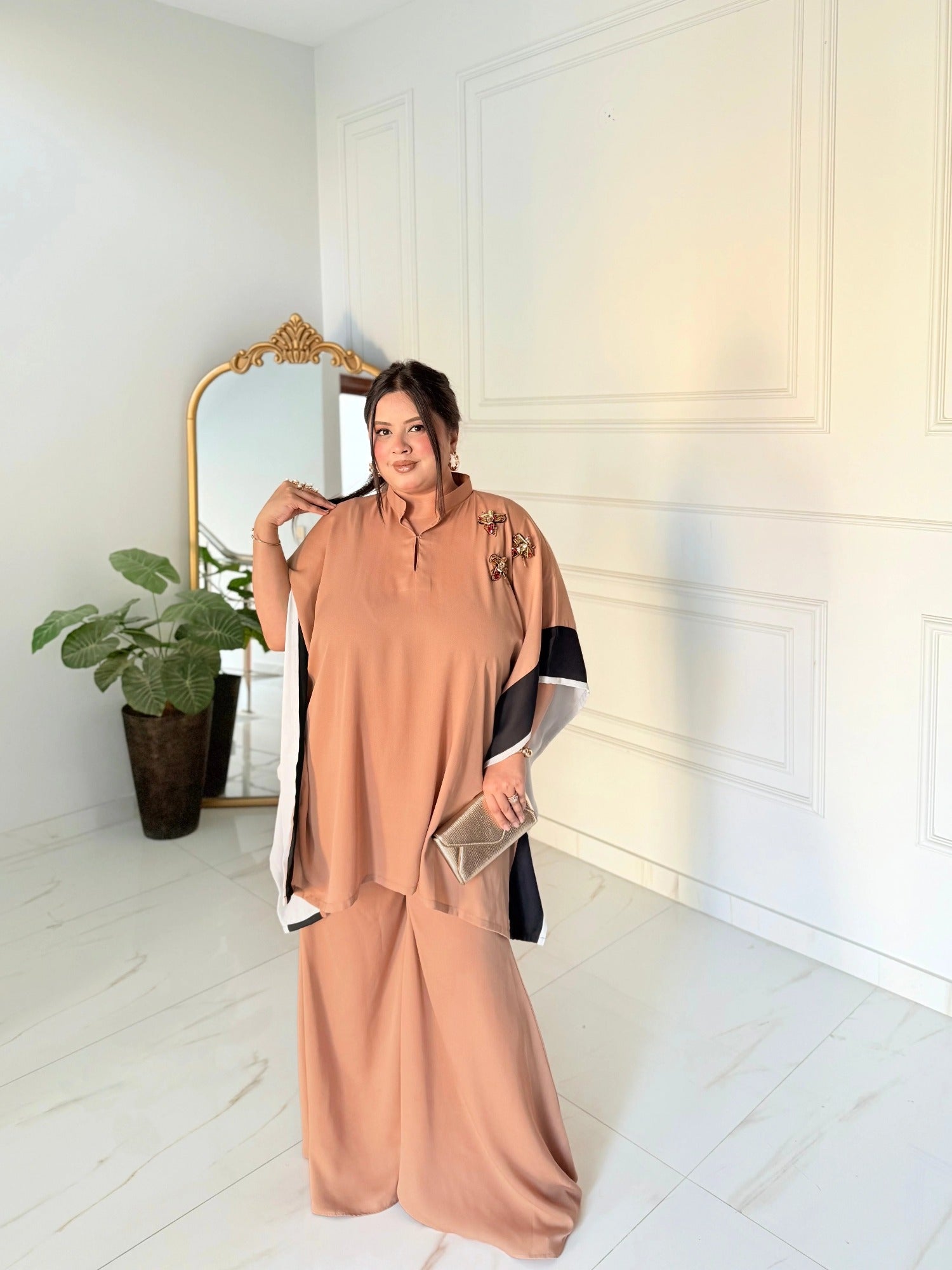 Brown Manahil Arts Crepe Georgette Co-Ord Set-Camel Brown drape set