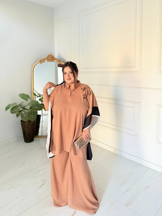 Brown Manahil Arts Crepe Georgette Co-Ord Set-Camel Brown drape set