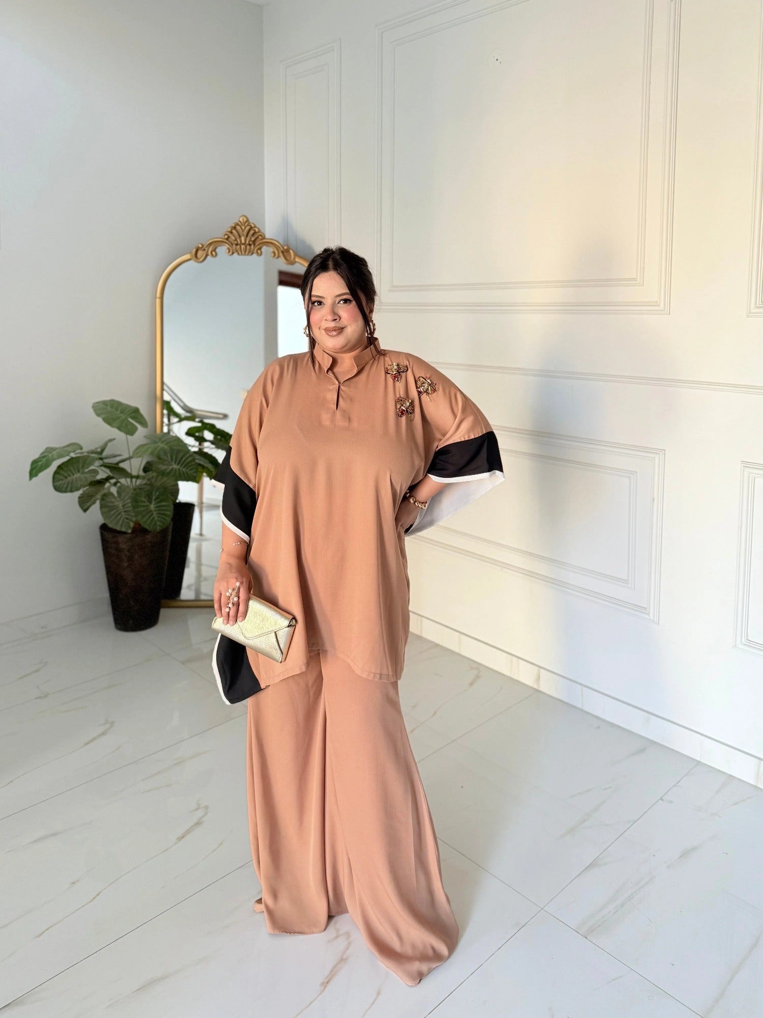 Brown Manahil Arts Crepe Georgette Co-Ord Set-Camel Brown drape set