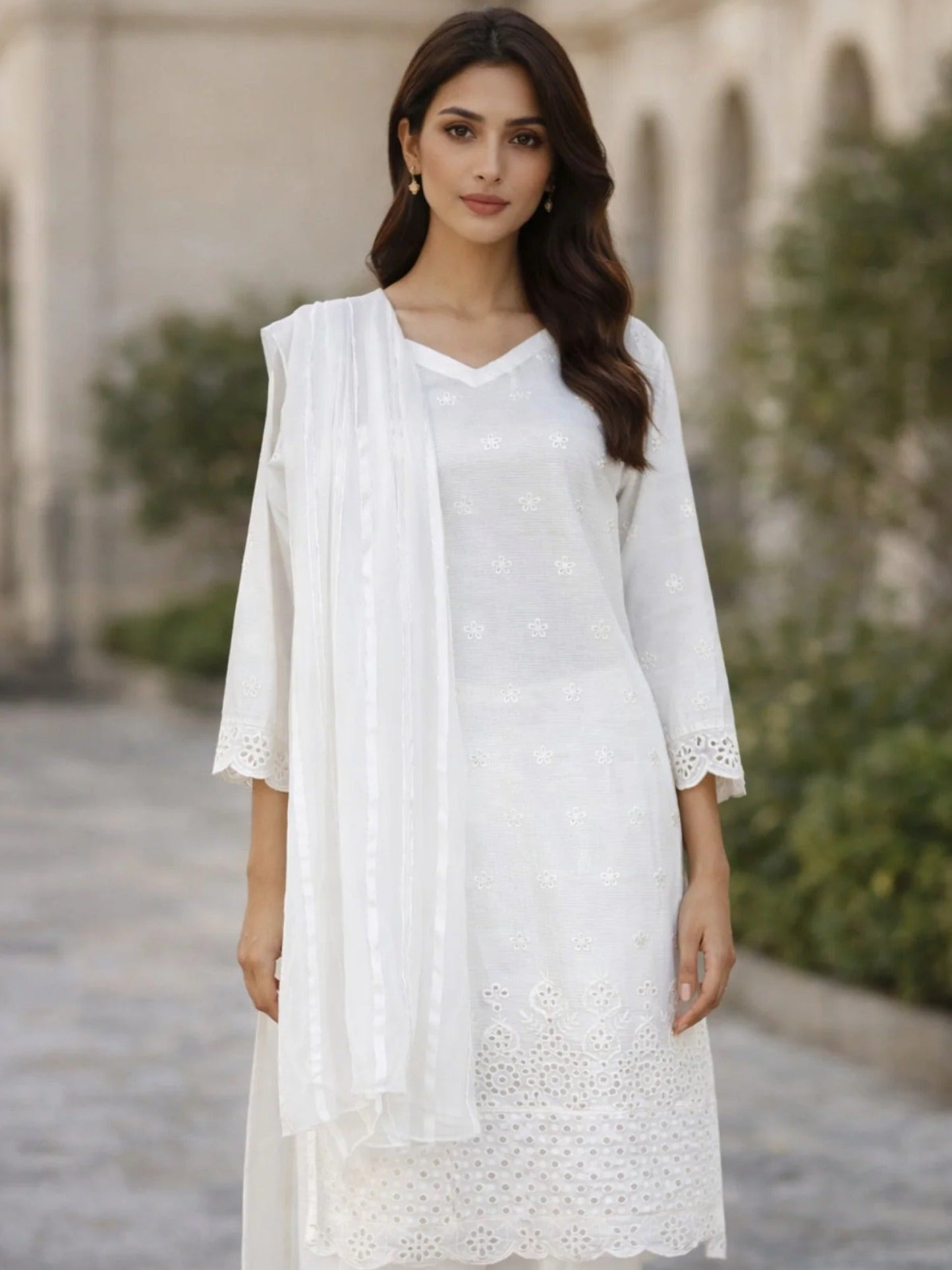 White HEM Cotton Embroidered Stitched 3-Piece Suit-Dya