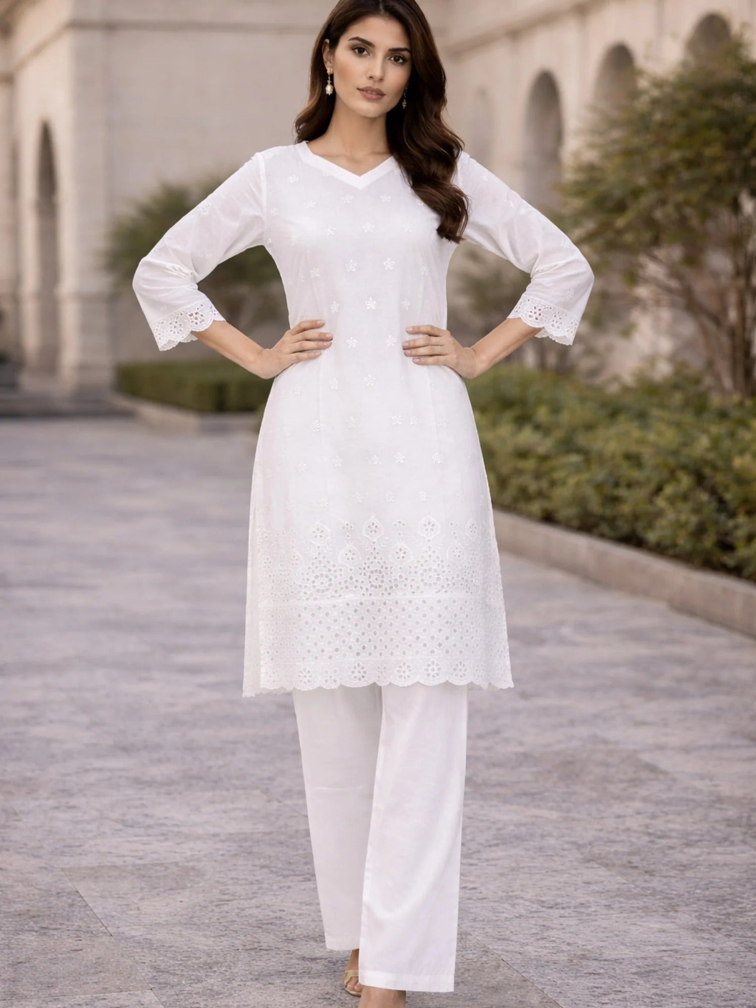 White HEM Cotton Embroidered Stitched 3-Piece Suit-Dya
