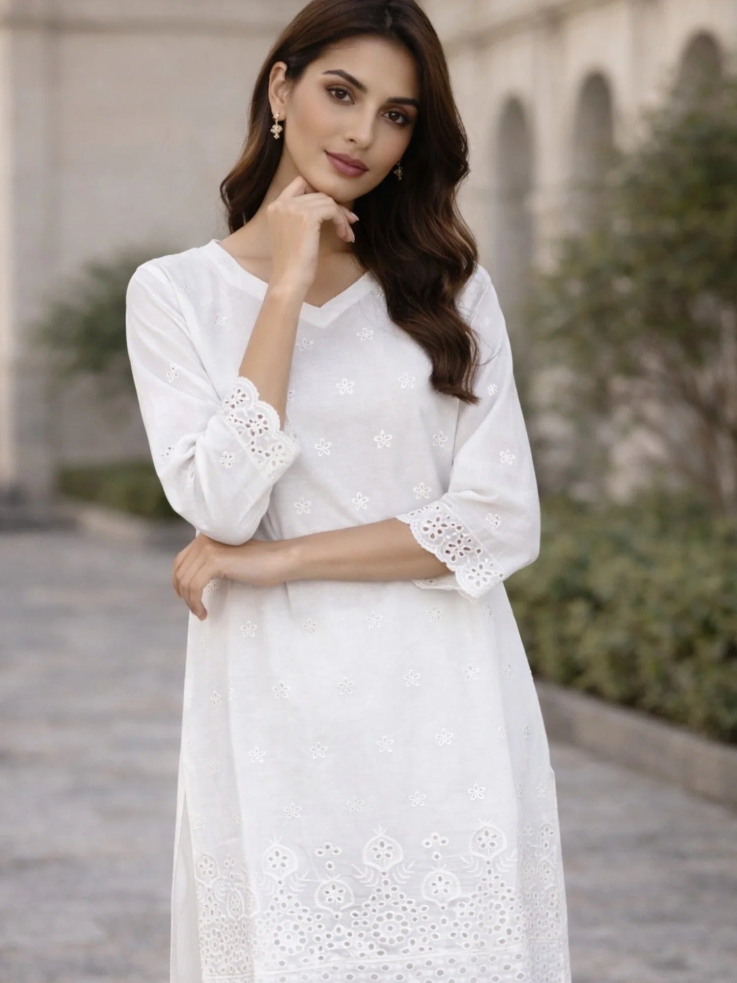 White HEM Cotton Embroidered Stitched 3-Piece Suit-Dya