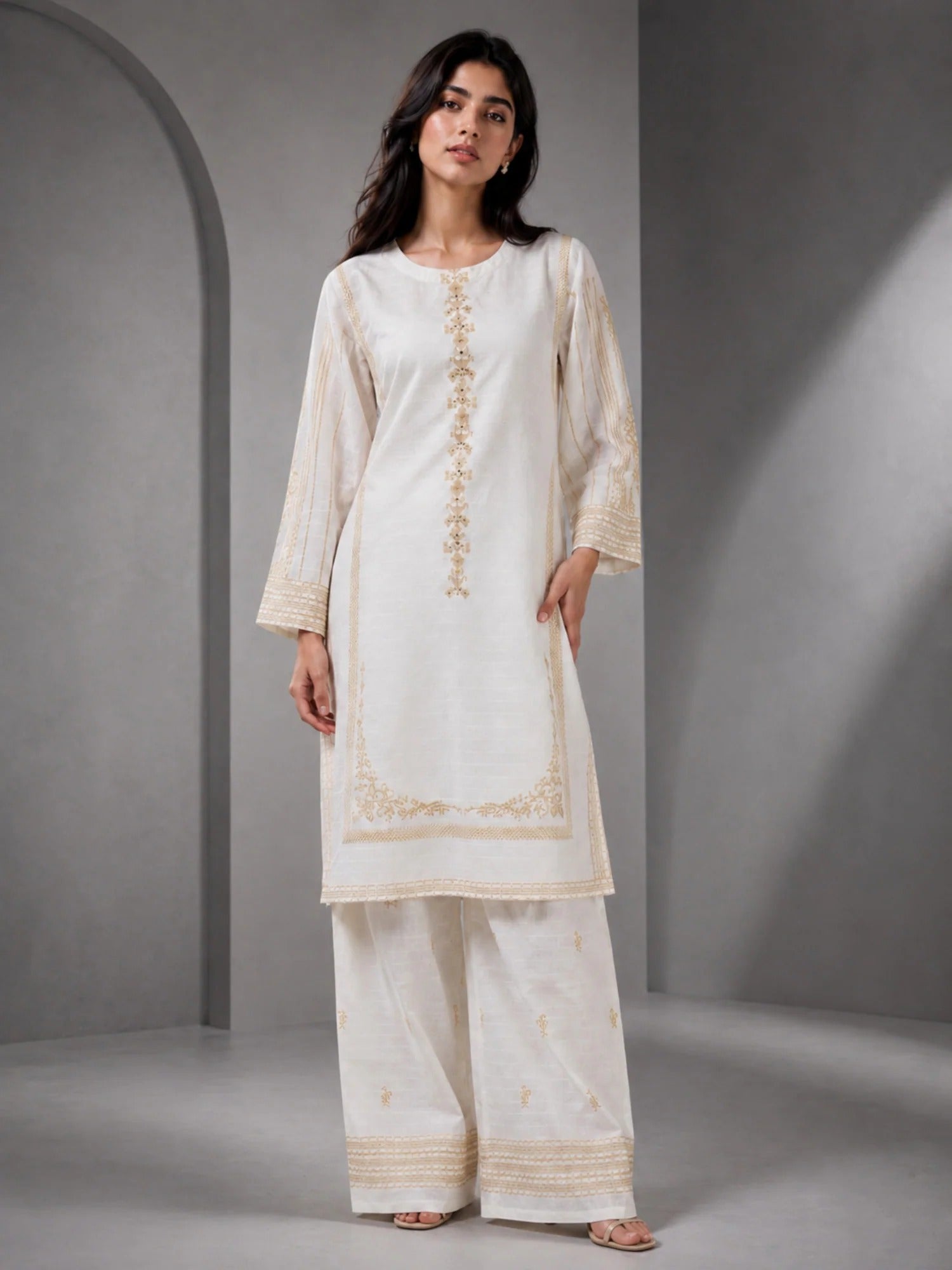 White HEM Cotton Embroidered Stitched 3-Piece Suit-Ivory Gold Grace