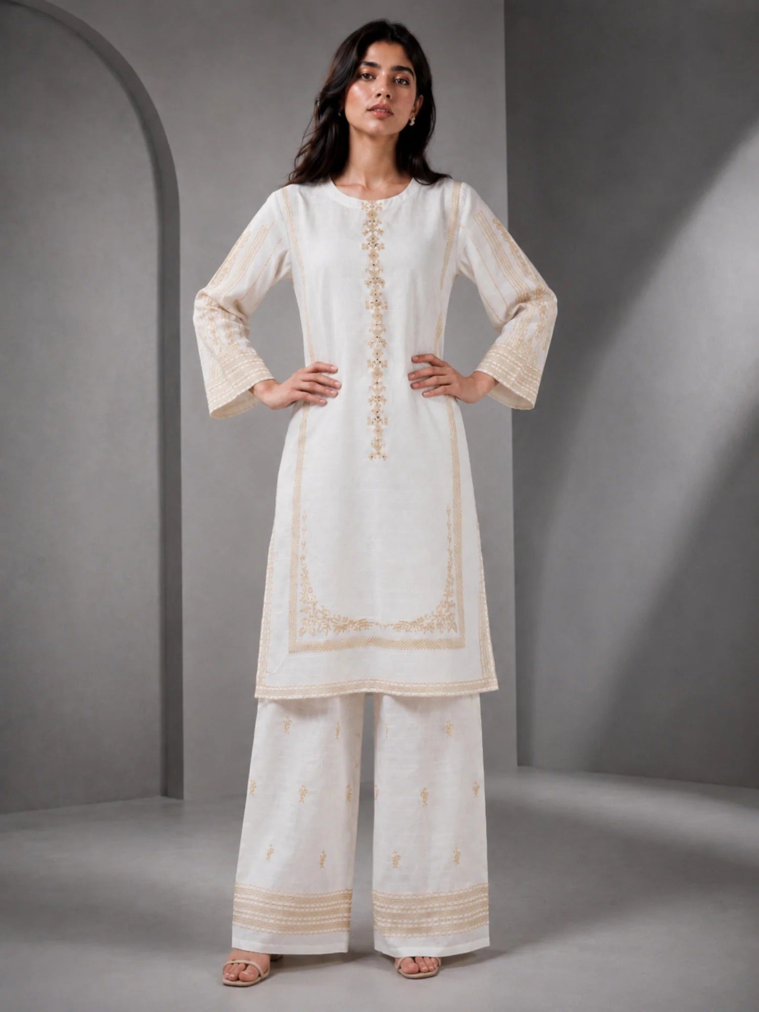 White HEM Cotton Embroidered Stitched 3-Piece Suit-Ivory Gold Grace