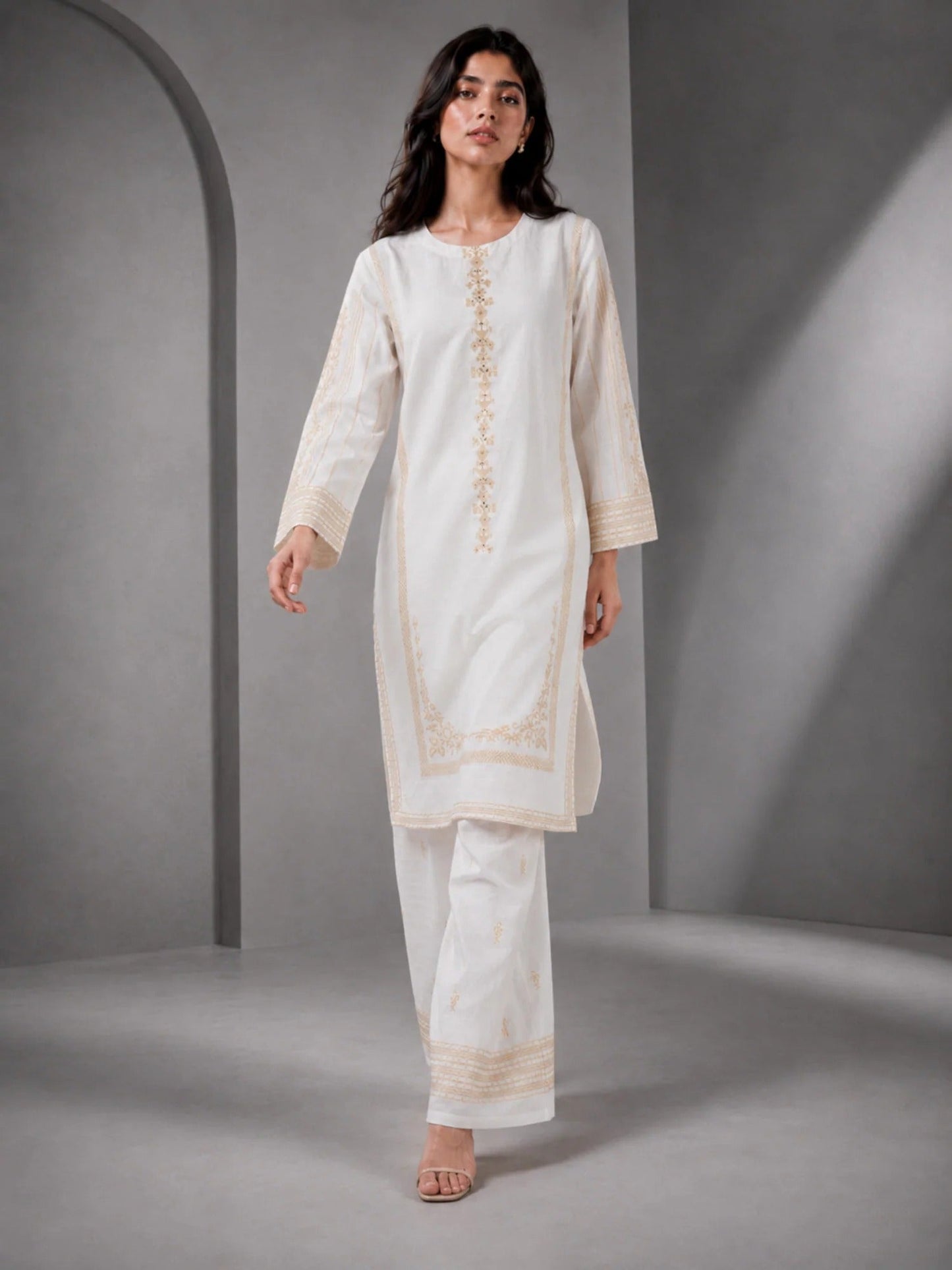 White HEM Cotton Embroidered Stitched 3-Piece Suit-Ivory Gold Grace