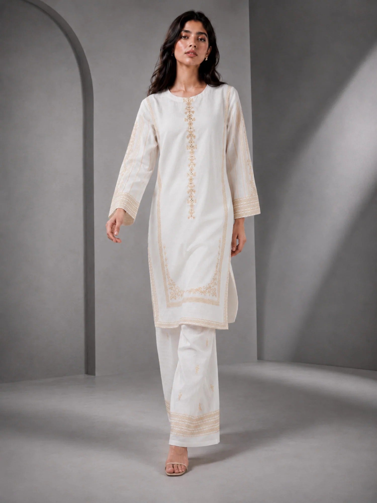 White HEM Cotton Embroidered Stitched 3-Piece Suit-Ivory Gold Grace