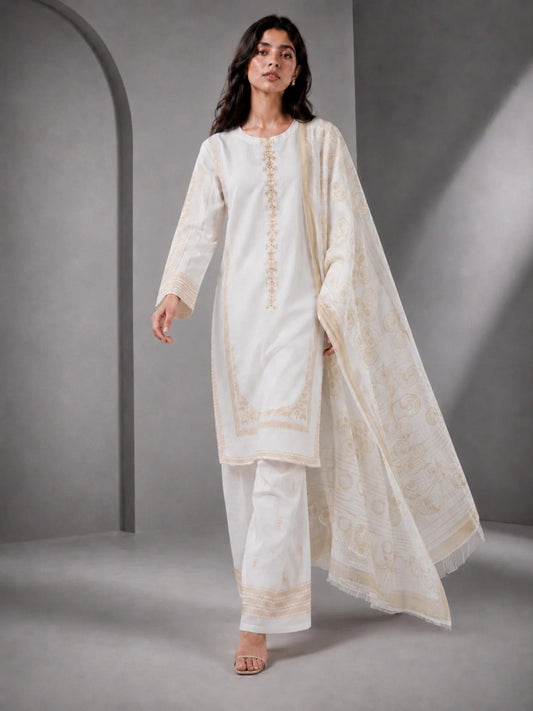 White HEM Cotton Embroidered Stitched 3-Piece Suit-Ivory Gold Grace