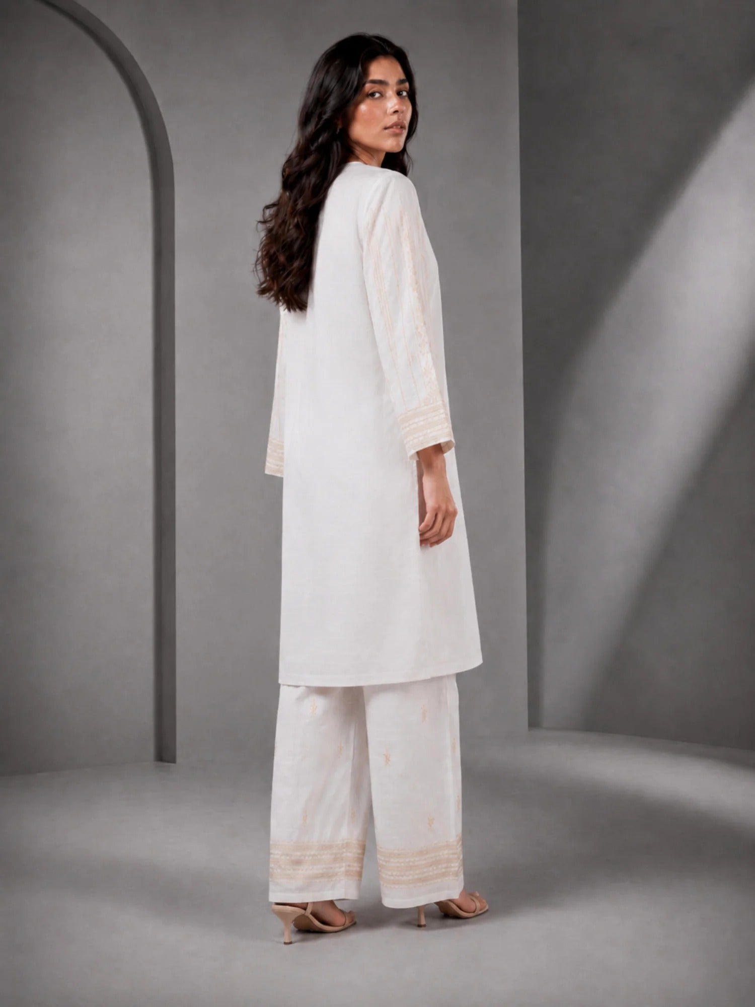 White HEM Cotton Embroidered Stitched 3-Piece Suit-Ivory Gold Grace