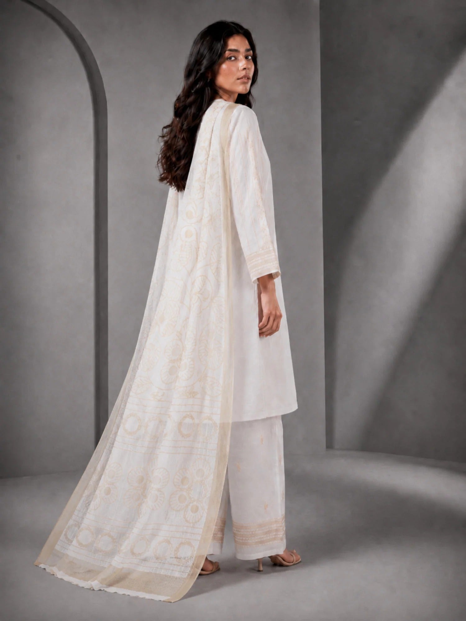 White HEM Cotton Embroidered Stitched 3-Piece Suit-Ivory Gold Grace