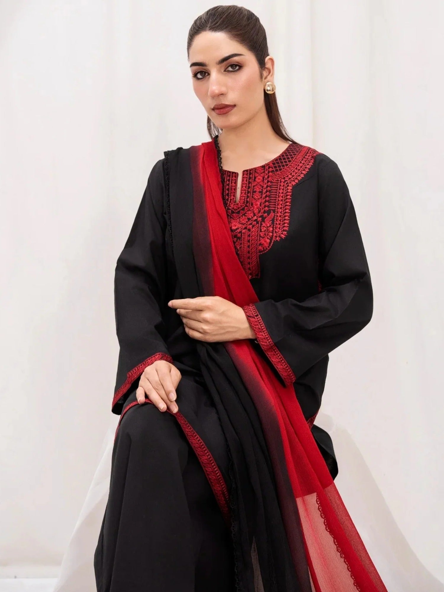 Black - HEM Lawn Cotton Embroidered Stitched 3-Piece Suit-May