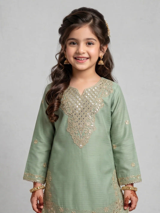 Green Lumira Cotton Embroidered Stitched 2-Piece Suit-Green