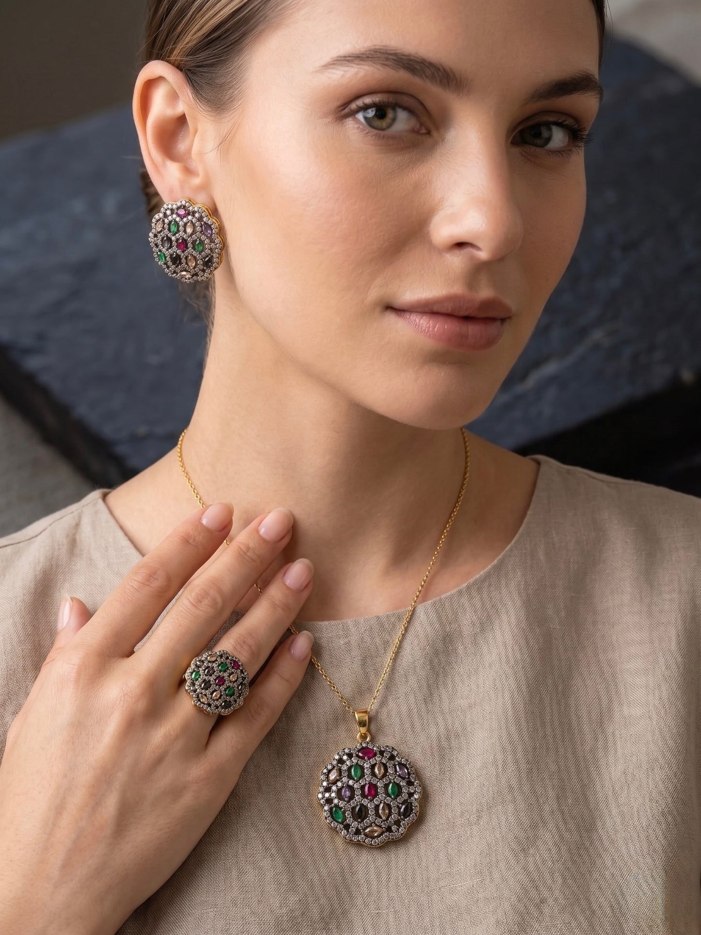 Multi-Orya Jewellery Gold Zircon Pendant Earrings Ring Set-Multi S18
