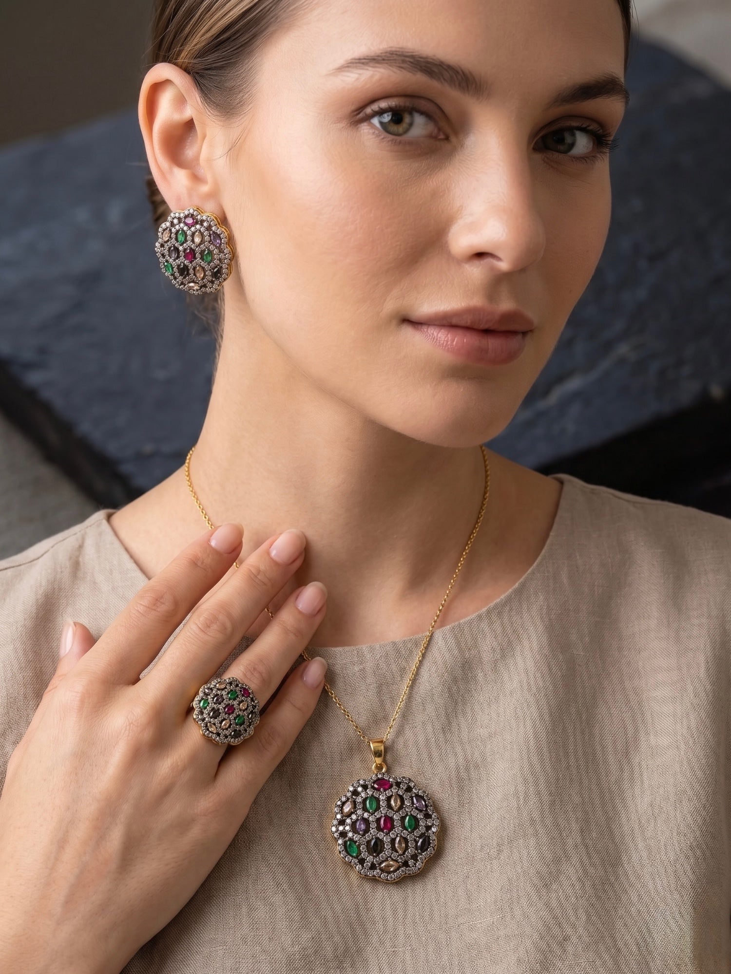Multi-Orya Jewellery Gold Zircon Pendant Earrings Ring Set-Multi S18