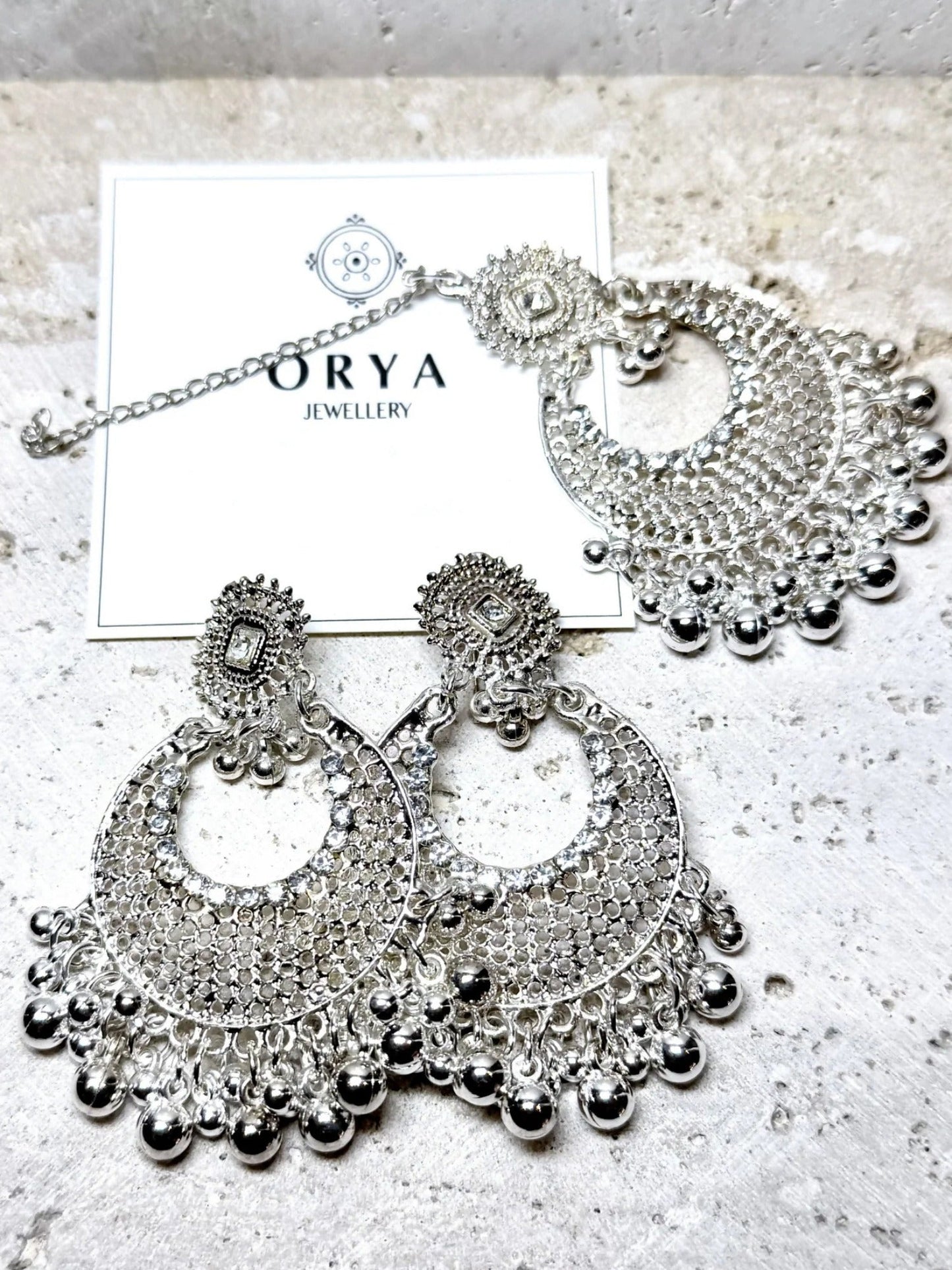 Silver Orya Jewellery Maang Tikka and Earrings Set