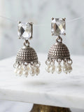 Silver White Orya Jewellery Zircon Silver Jhumka Pearl Drop Earrings-White E63