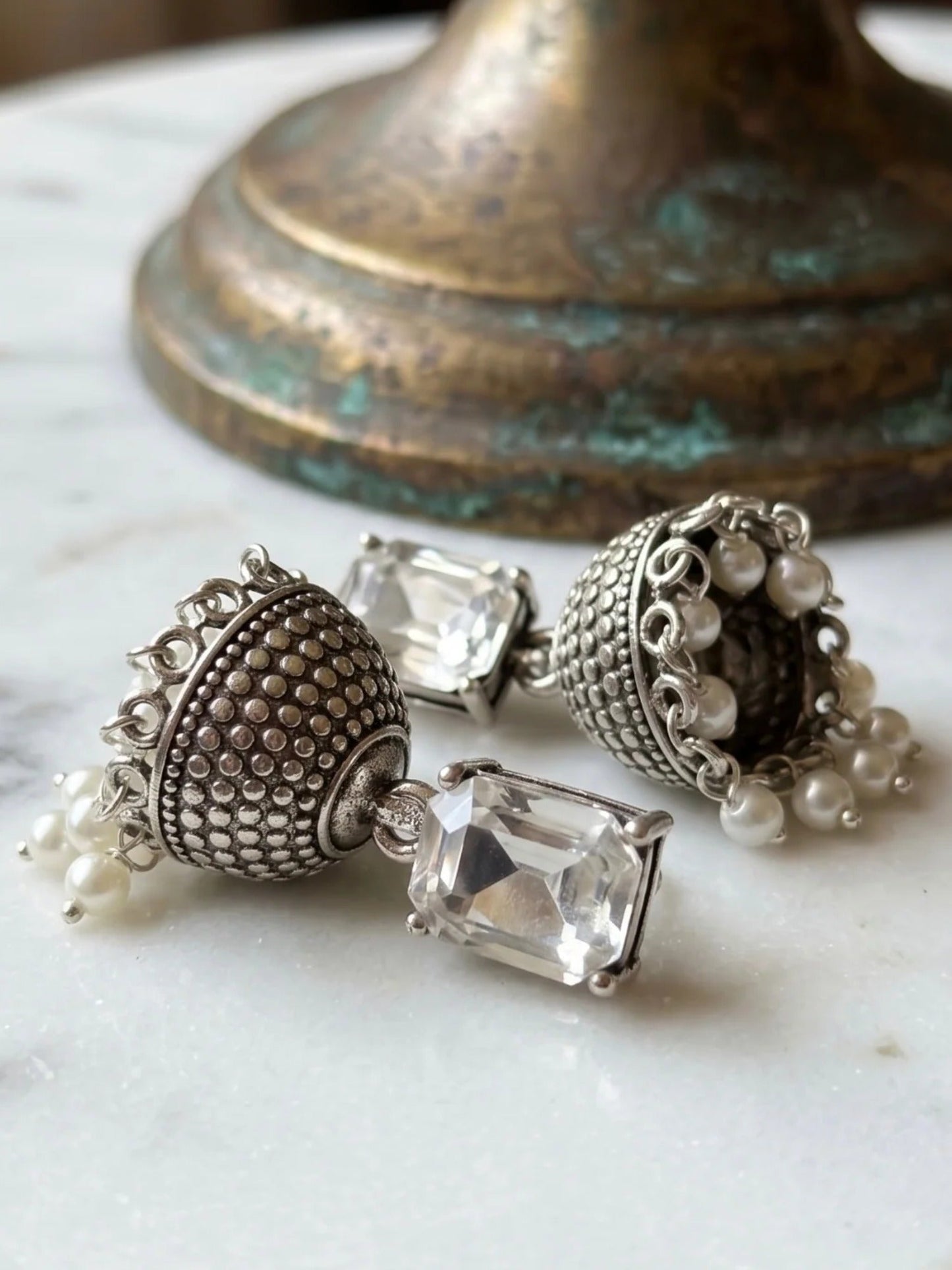 Silver White Orya Jewellery Zircon Silver Jhumka Pearl Drop Earrings-White E63