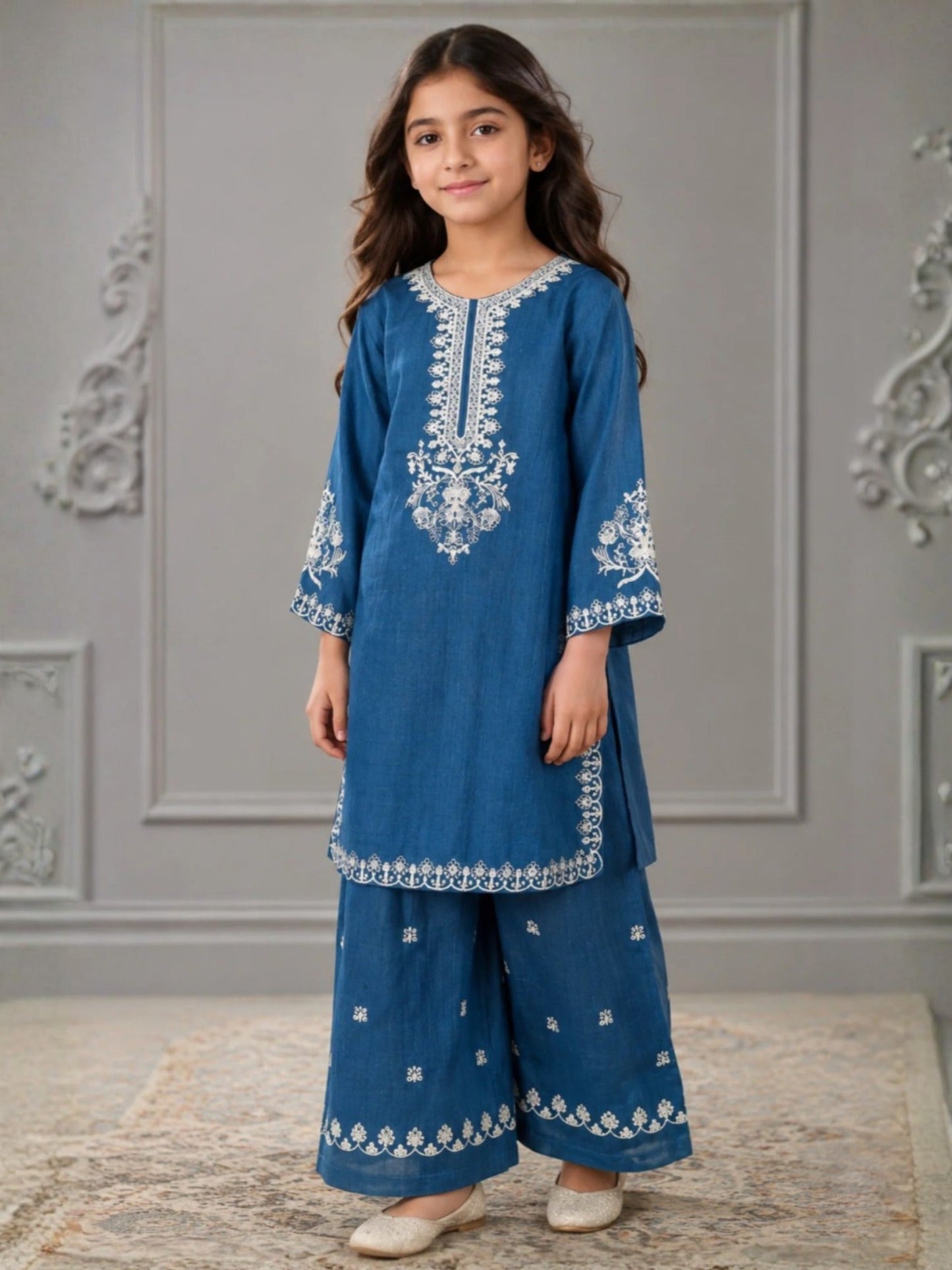 Blue Lumira Cotton Embroidered Stitched 2-Piece Suit-Kurta Set Zinc