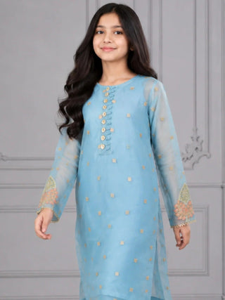 Blue HEM Organza Embroidered Stitched 4 Piece Suit Zoe Kids