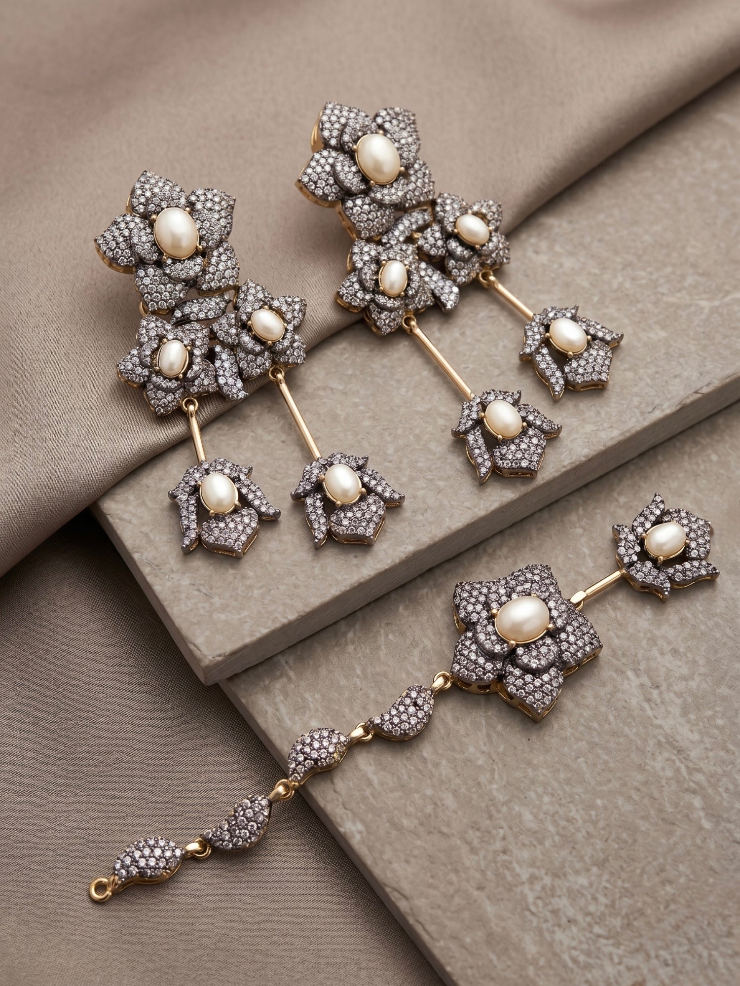 Silver gold and white-Orya Jewellery Maang Tikka Earrings Set-Pearl S19