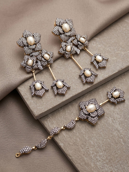 Silver gold and white-Orya Jewellery Maang Tikka Earrings Set-Pearl S19