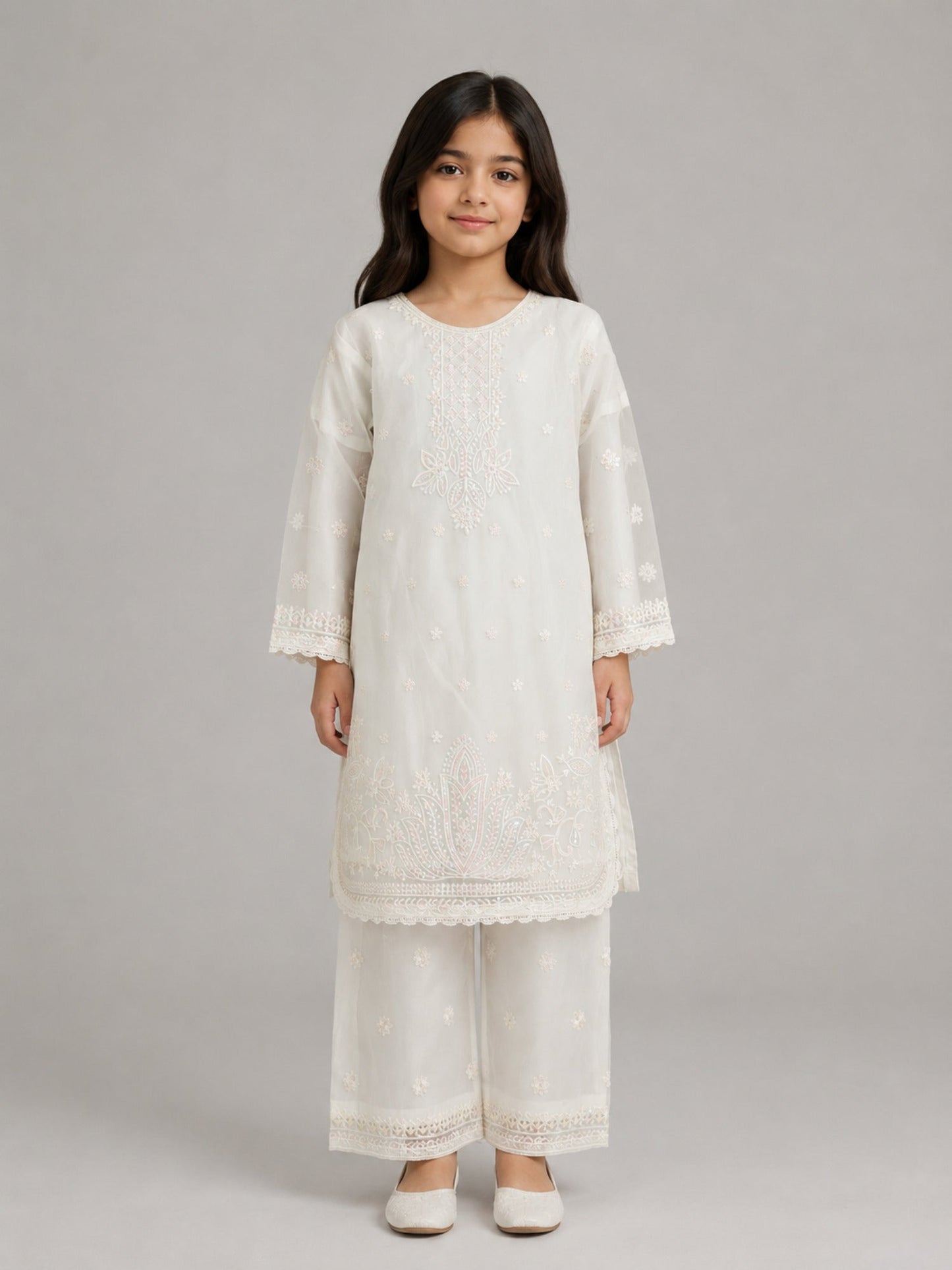 White-Lumira Organza Embroidered Stitched 3-Piece Suit-Candy White