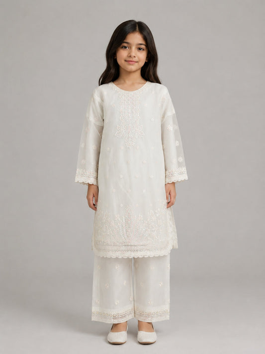 White-Lumira Organza Embroidered Stitched 3-Piece Suit-Candy White