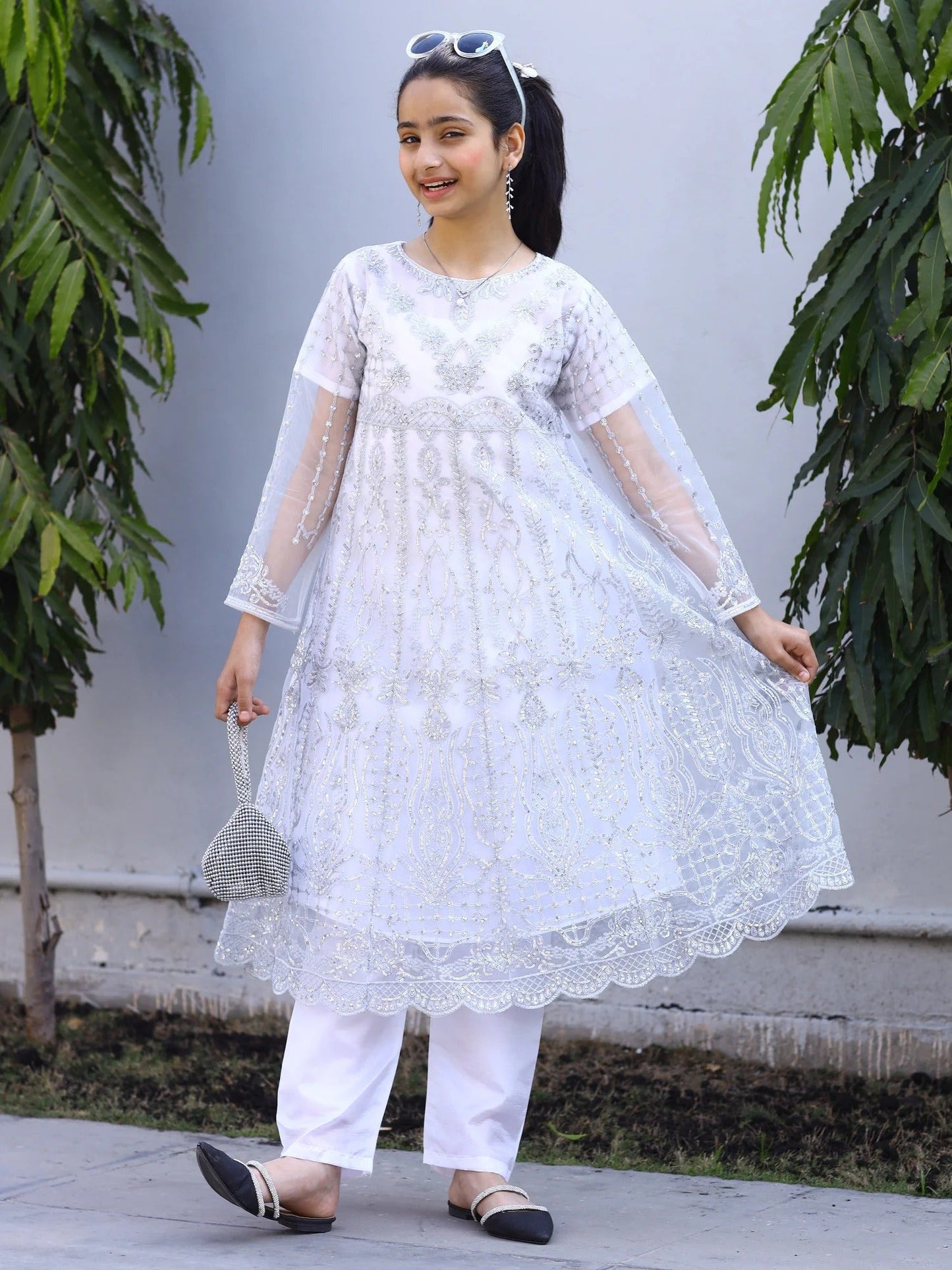 White-Lumira Organza Embroidered Pishwas-Chandi