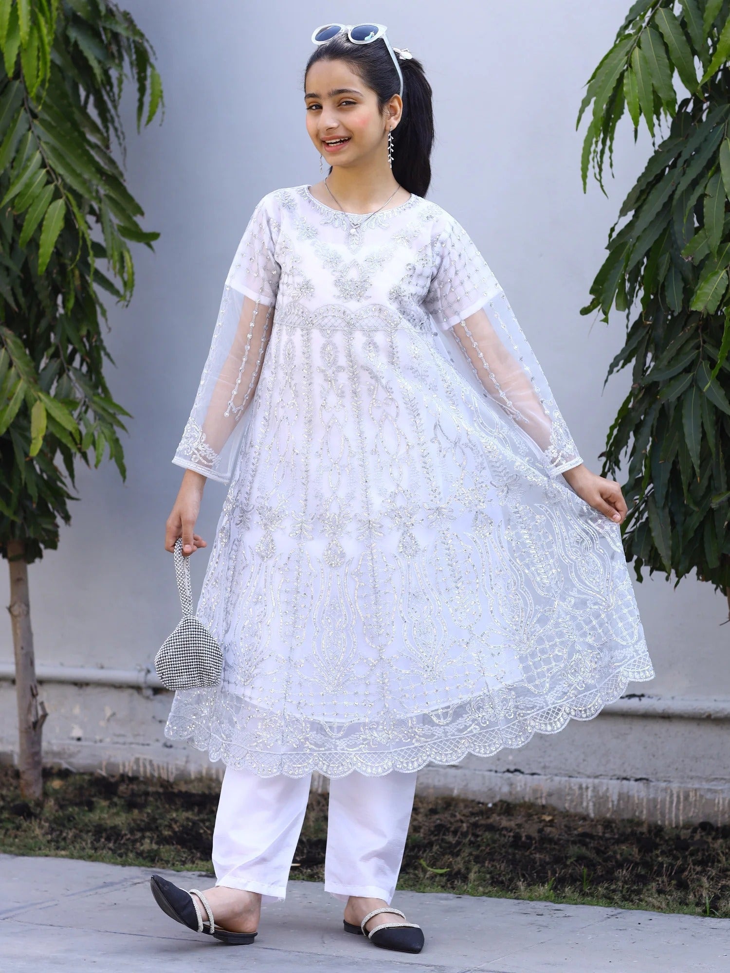 White-Lumira Organza Embroidered Pishwas-Chandi