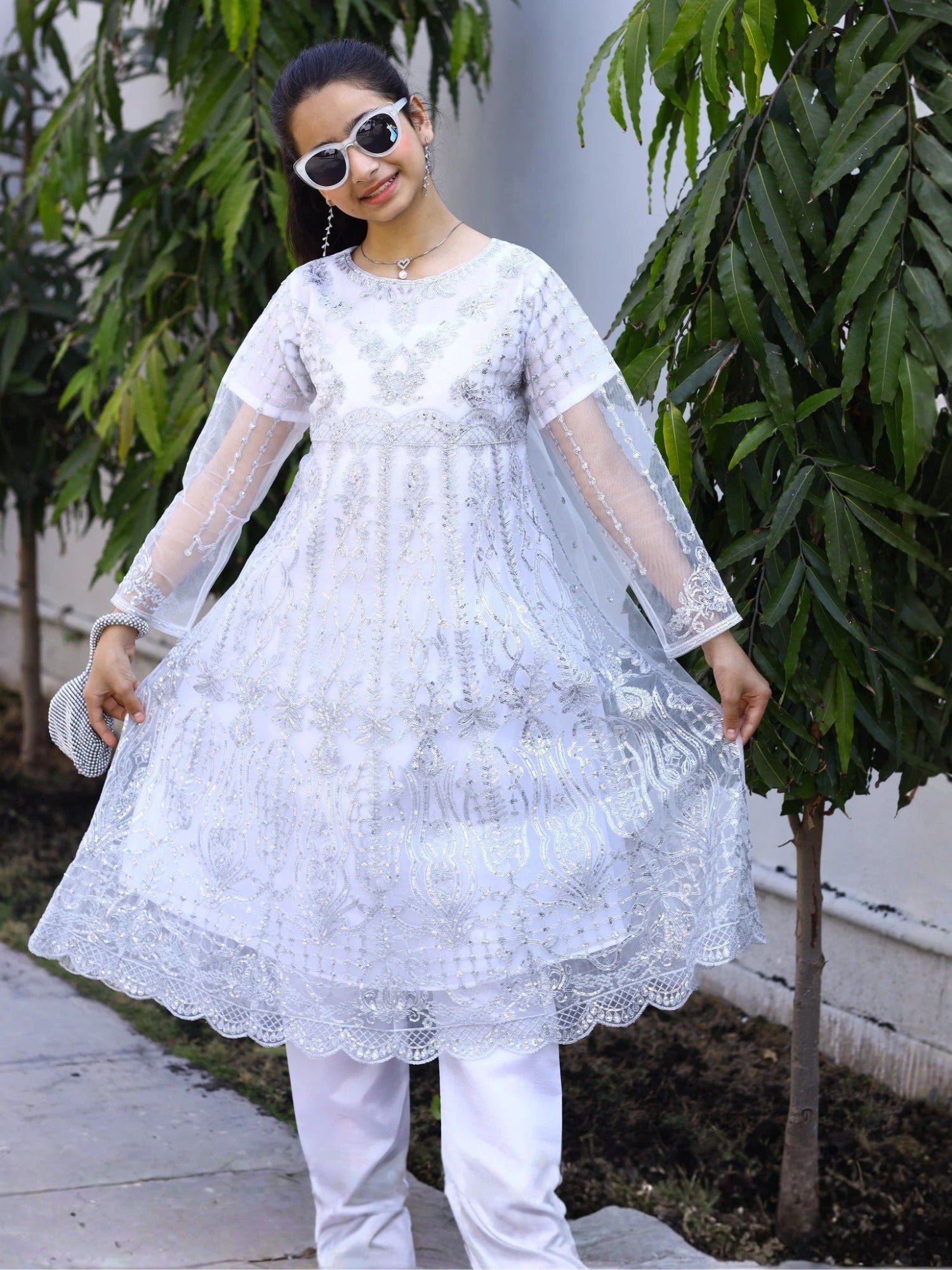 White-Lumira Organza Embroidered Pishwas-Chandi