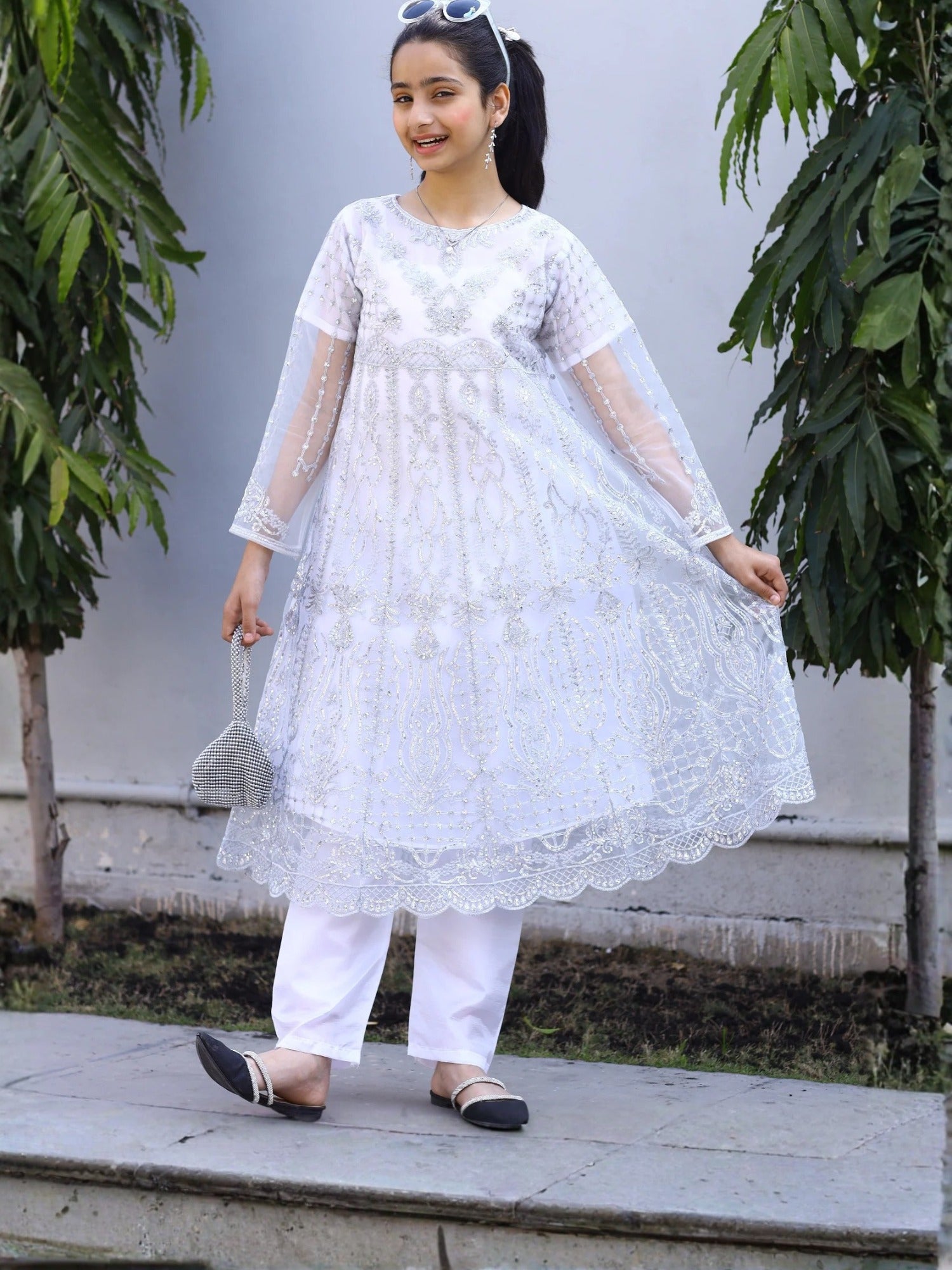 White-Lumira Organza Embroidered Pishwas-Chandi
