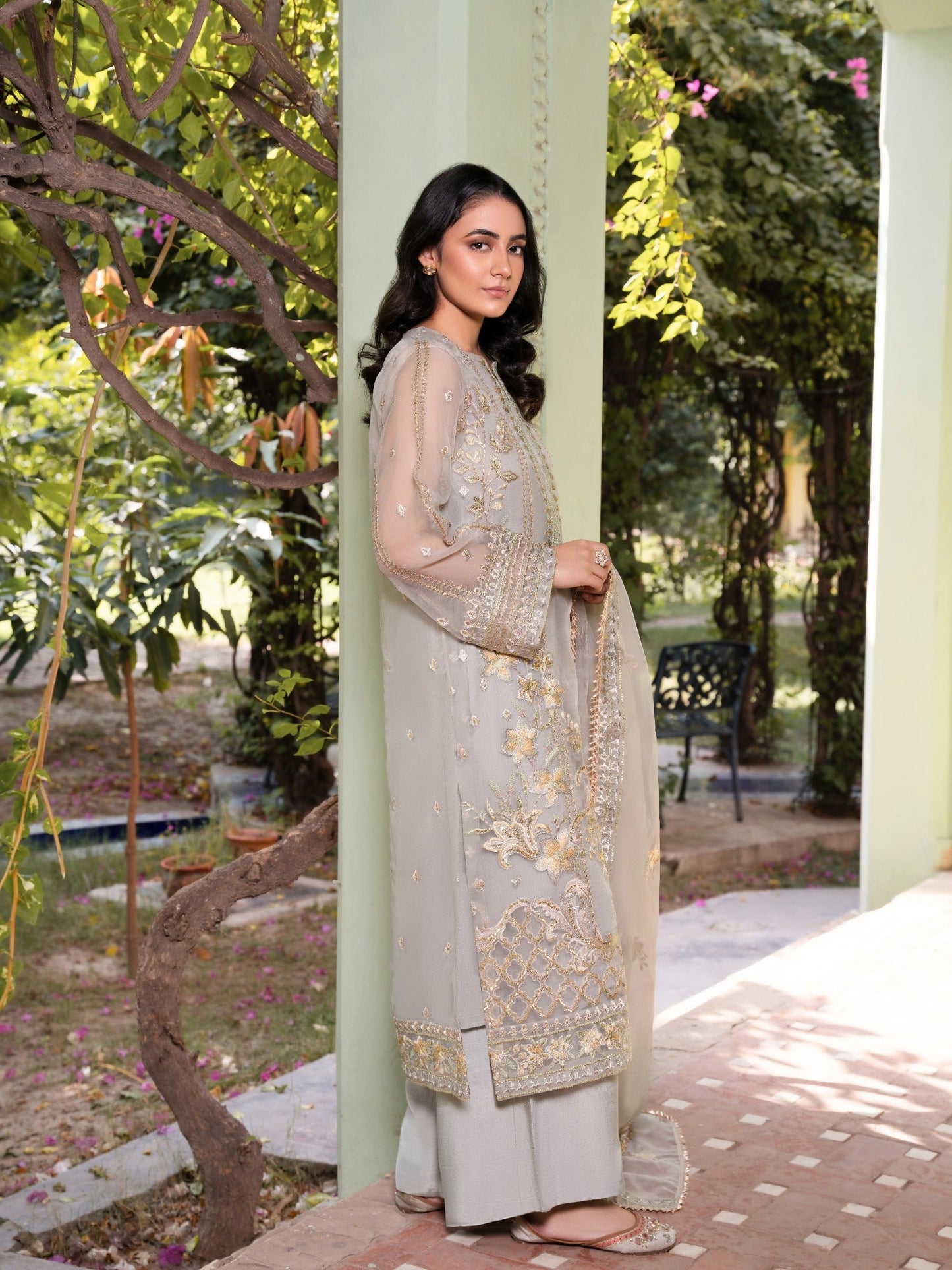 Grey-HEM Organza Embroidered Stitched 4-Piece Suit-Quill Grey