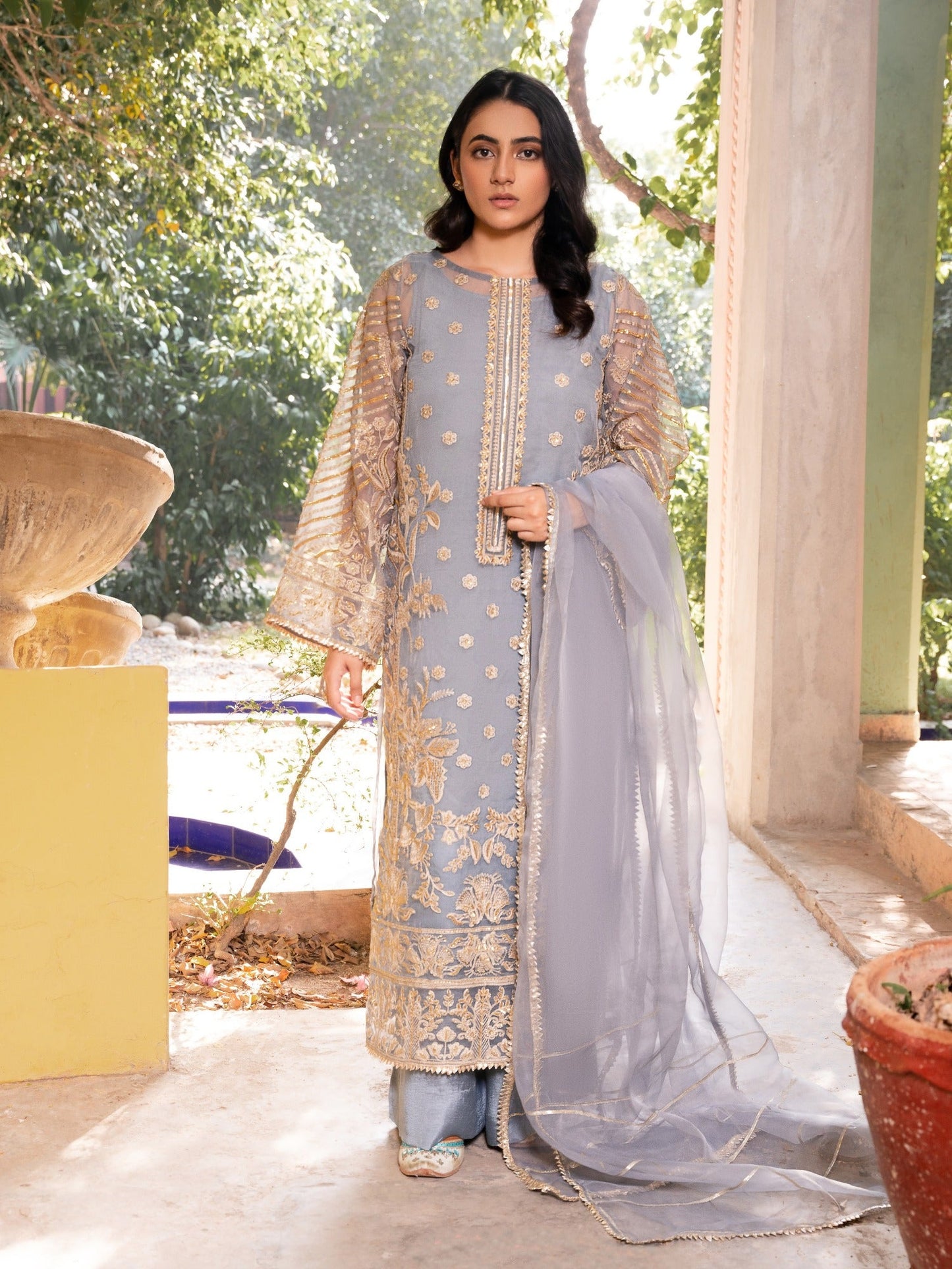 Grey-HEM Organza Embroidered Stitched 4-Piece Suit-Inayat
