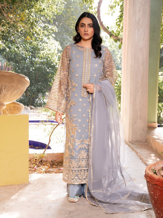 Grey-HEM Organza Embroidered Stitched 4-Piece Suit-Inayat