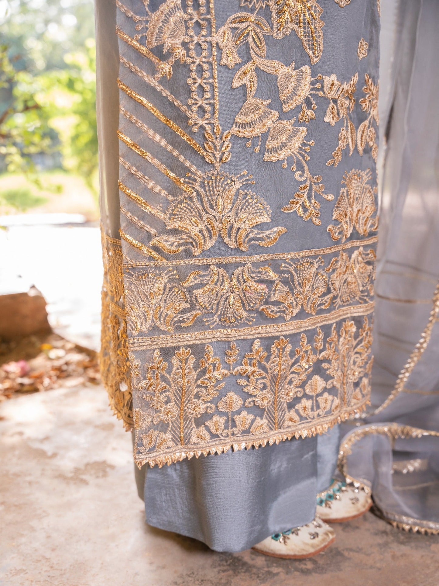 Grey-HEM Organza Embroidered Stitched 4-Piece Suit-Inayat