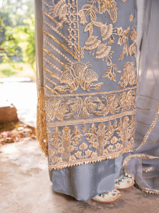 Grey-HEM Organza Embroidered Stitched 4-Piece Suit-Inayat