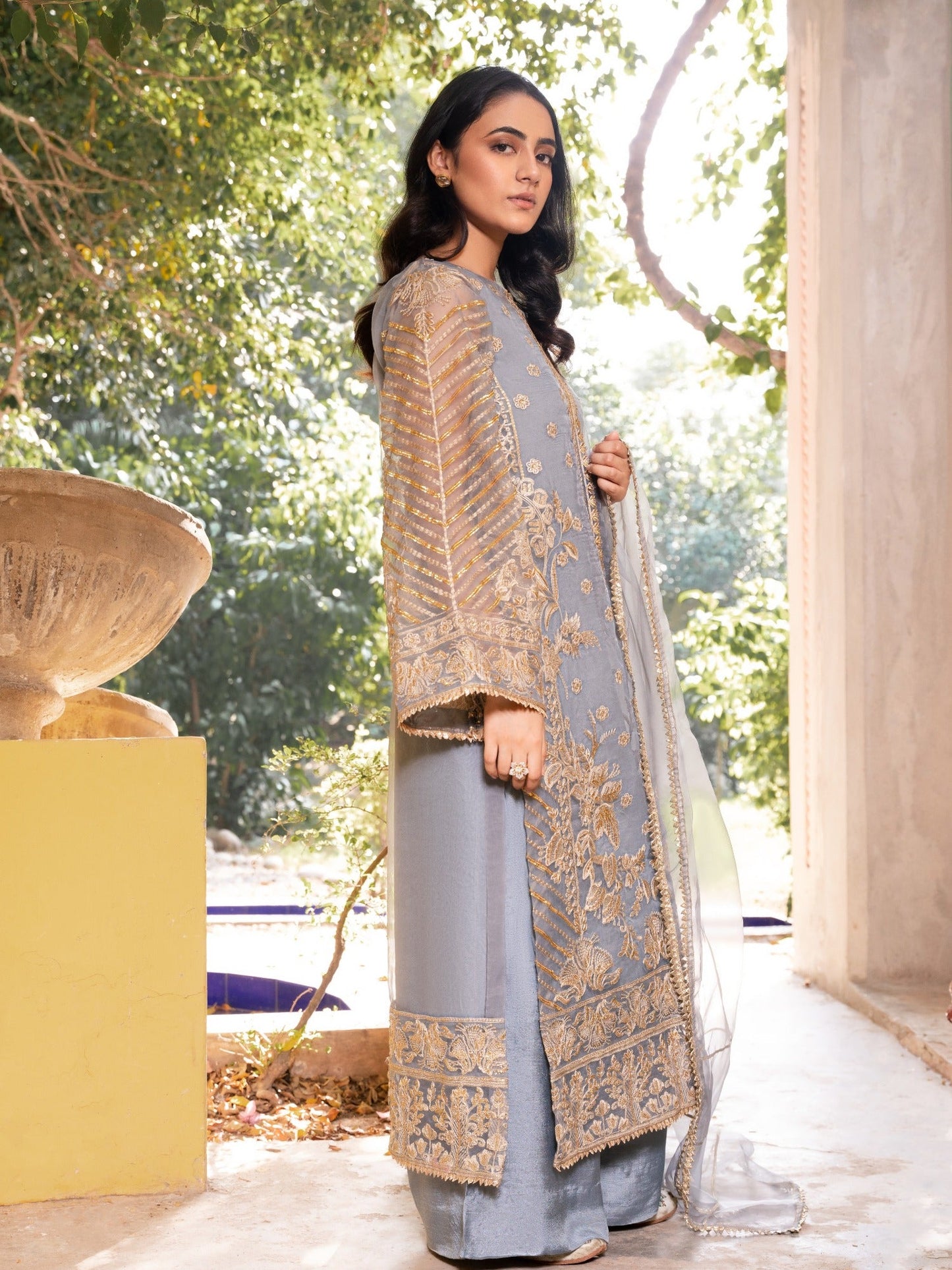 Grey-HEM Organza Embroidered Stitched 4-Piece Suit-Inayat