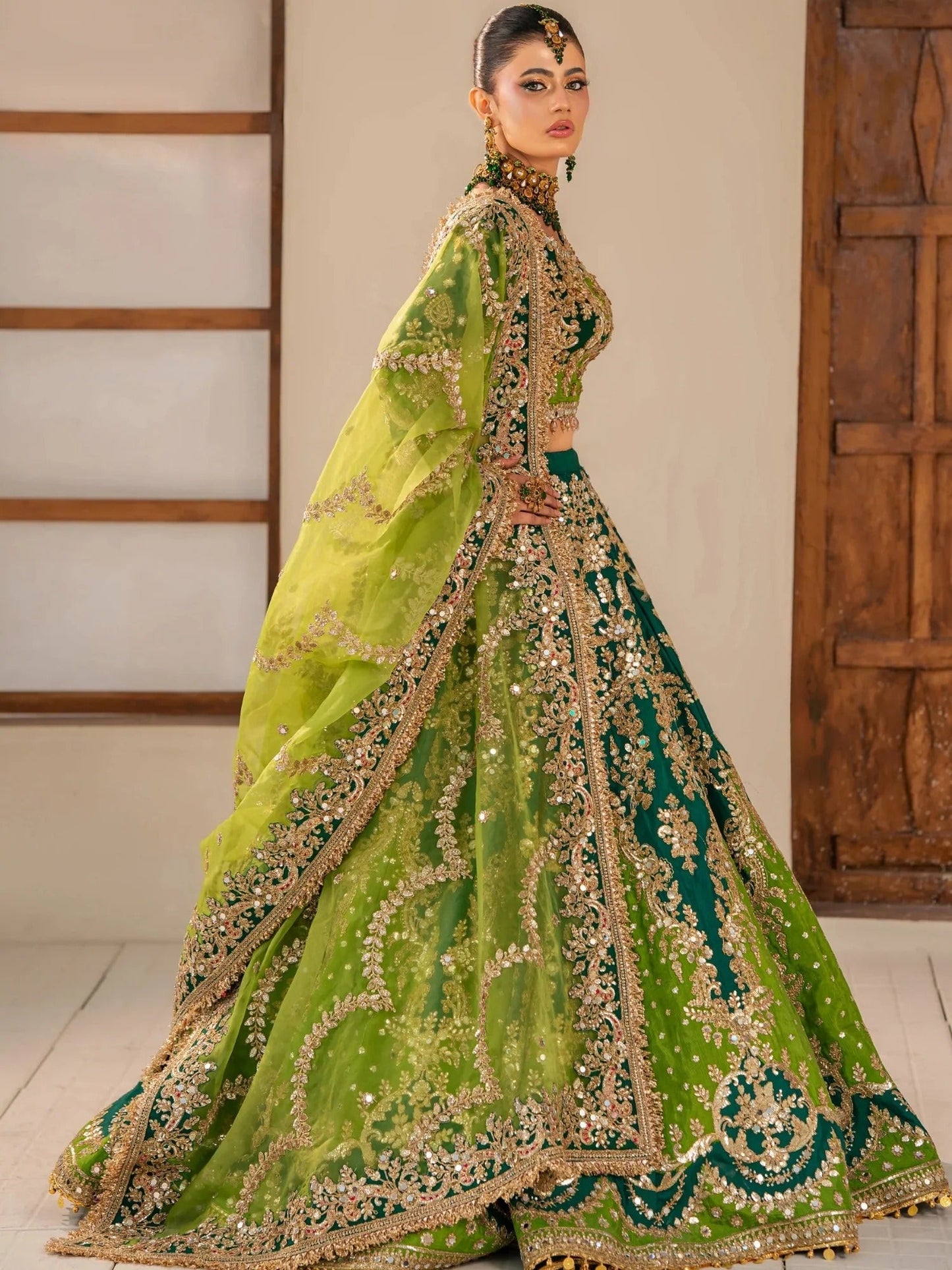 Green-Kashee's Raw Silk Embellished Lehenga-KBW-128
