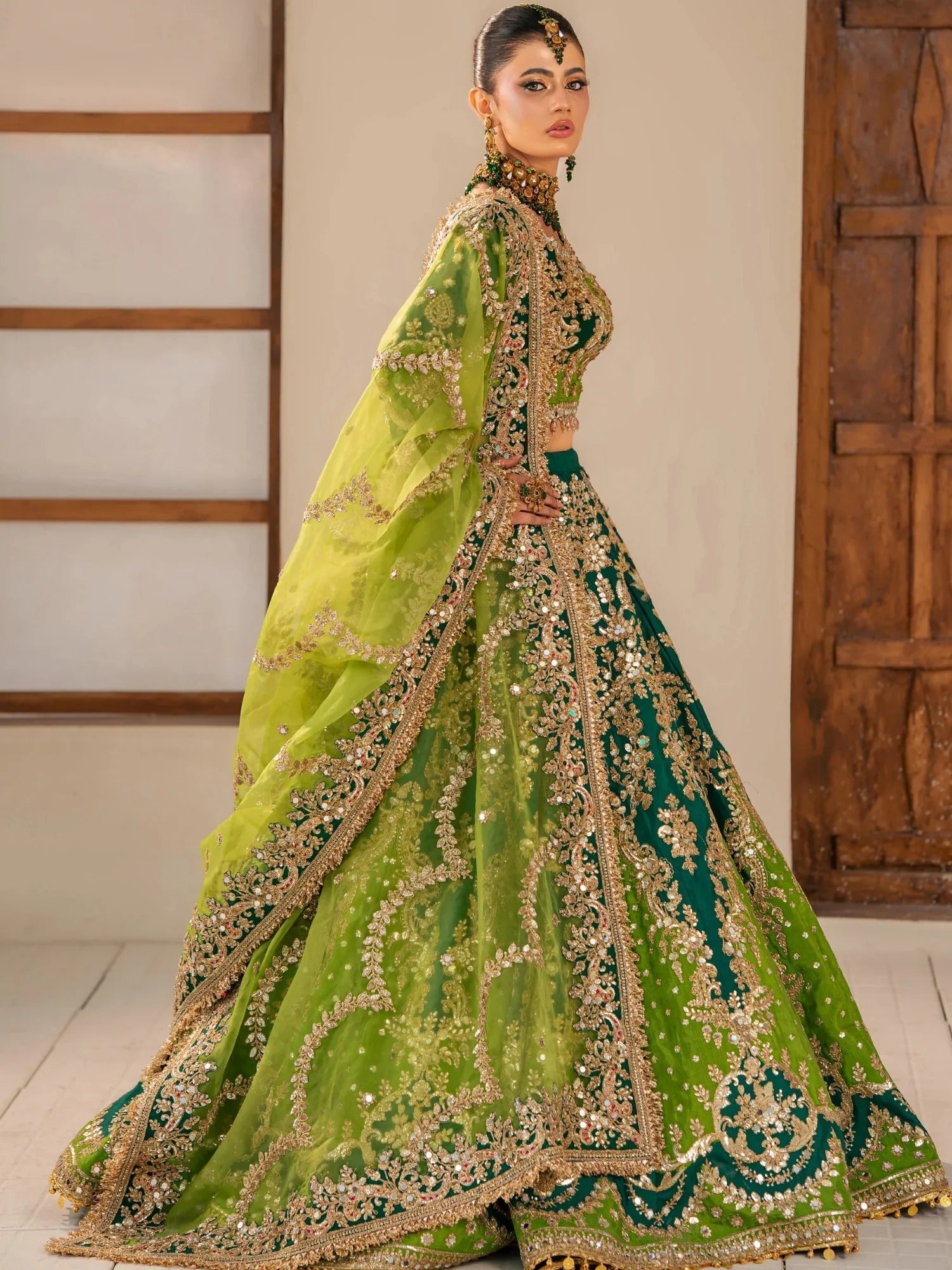 Green-Kashee's Raw Silk Embellished Lehenga-KBW-128