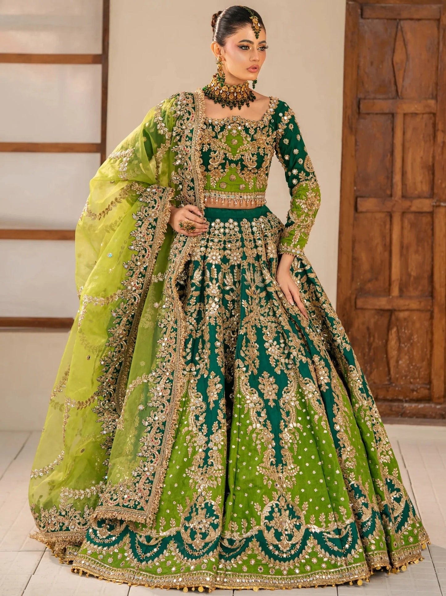 Green-Kashee's Raw Silk Embellished Lehenga-KBW-128