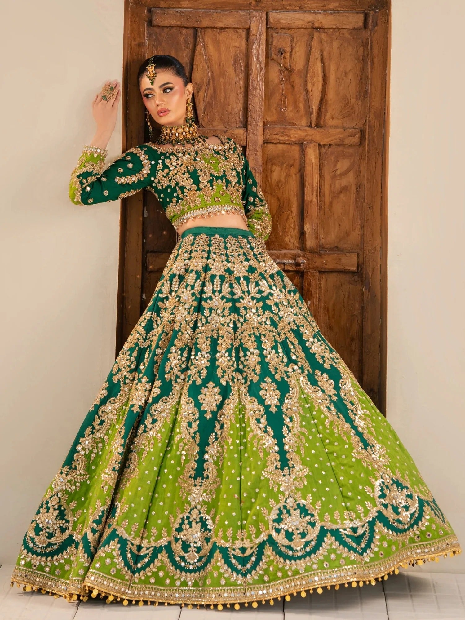Green-Kashee's Raw Silk Embellished Lehenga-KBW-128