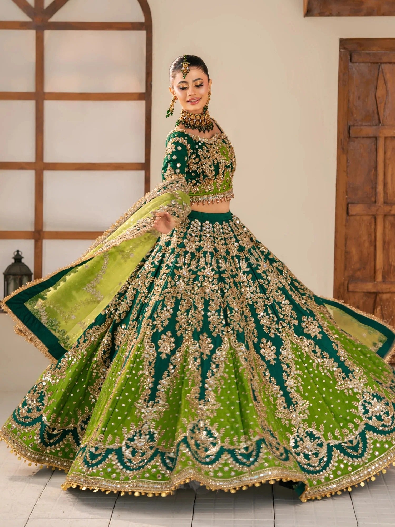 Green-Kashee's Raw Silk Embellished Lehenga-KBW-128