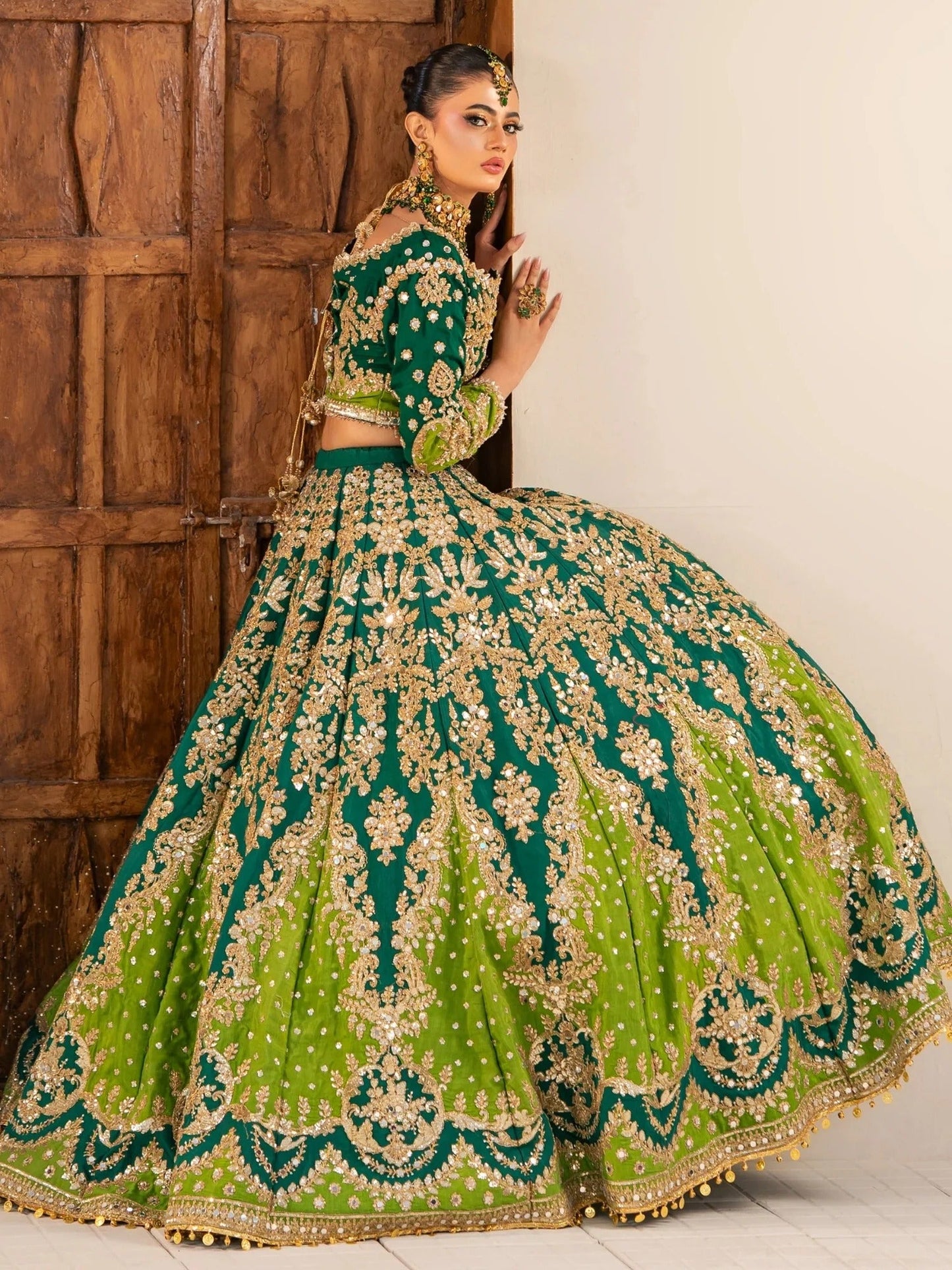 Green-Kashee's Raw Silk Embellished Lehenga-KBW-128