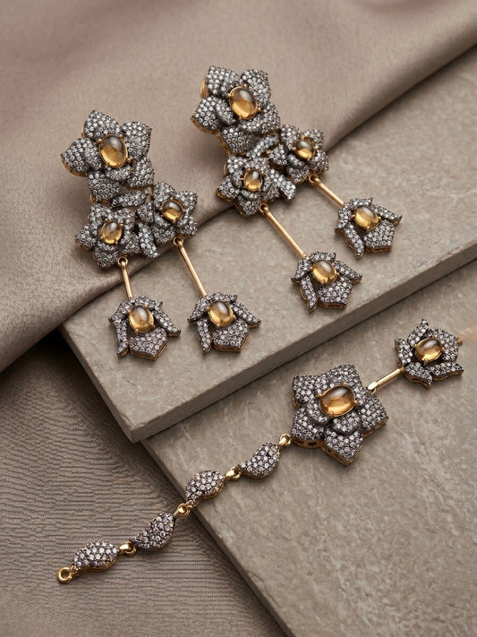 Champagne-Orya Jewellery Maang Tikka Earrings Set-Amber S20